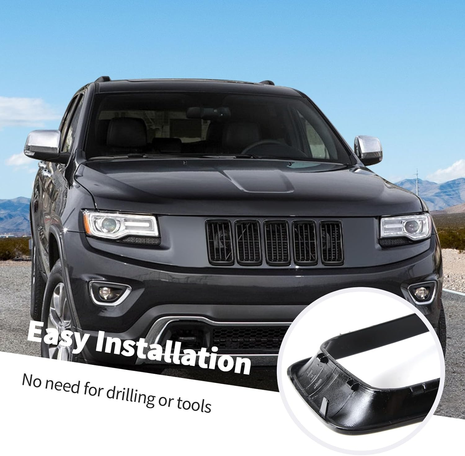 Jimen Compatible with Jeep Grand Cherokee 2014-2016, 7PCS Front Grill Inserts Grille Ring Cover Trim Kit (Black) image number 5