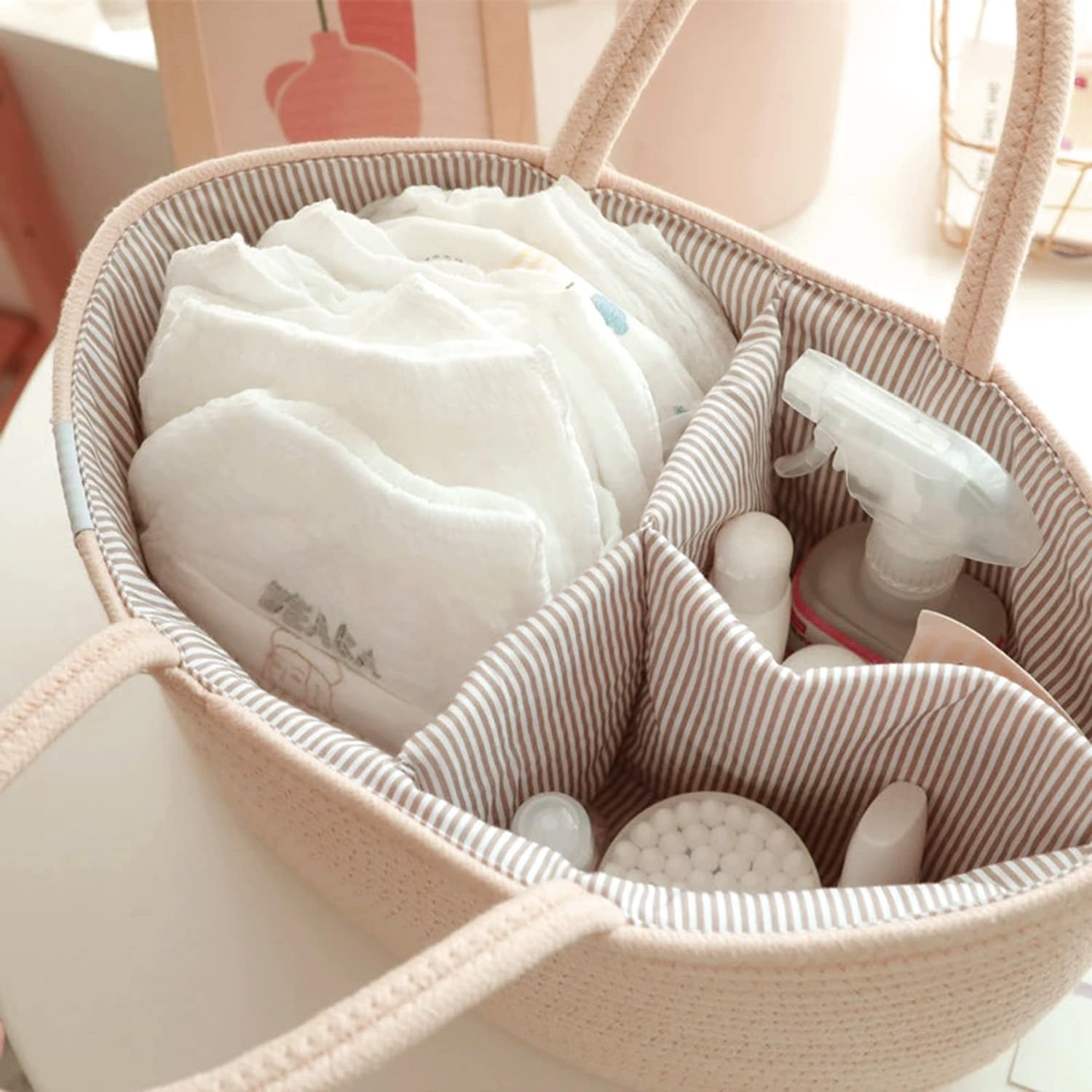 Baby Nappy Caddy, Nappy Organiser, Stylish Nursery Bohemian Cotton Rope Storage Basket, Portable Car Organizer with Removable Inserts, for Storage Nappy and Necessities, 38 X25 X18 CM (Beige) image number 1