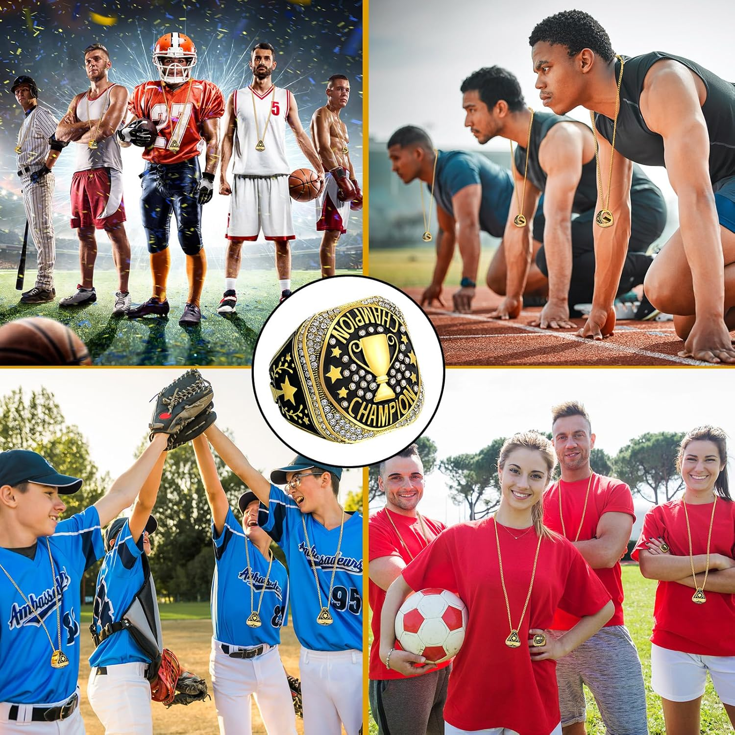 Highergo 10 Pcs Championship Rings with Display Neck Chain and Stand Baseball Soccer Volleyball Champion Rings MVP Most Valuable Trophy Rings for Tournament Winner Award Gift