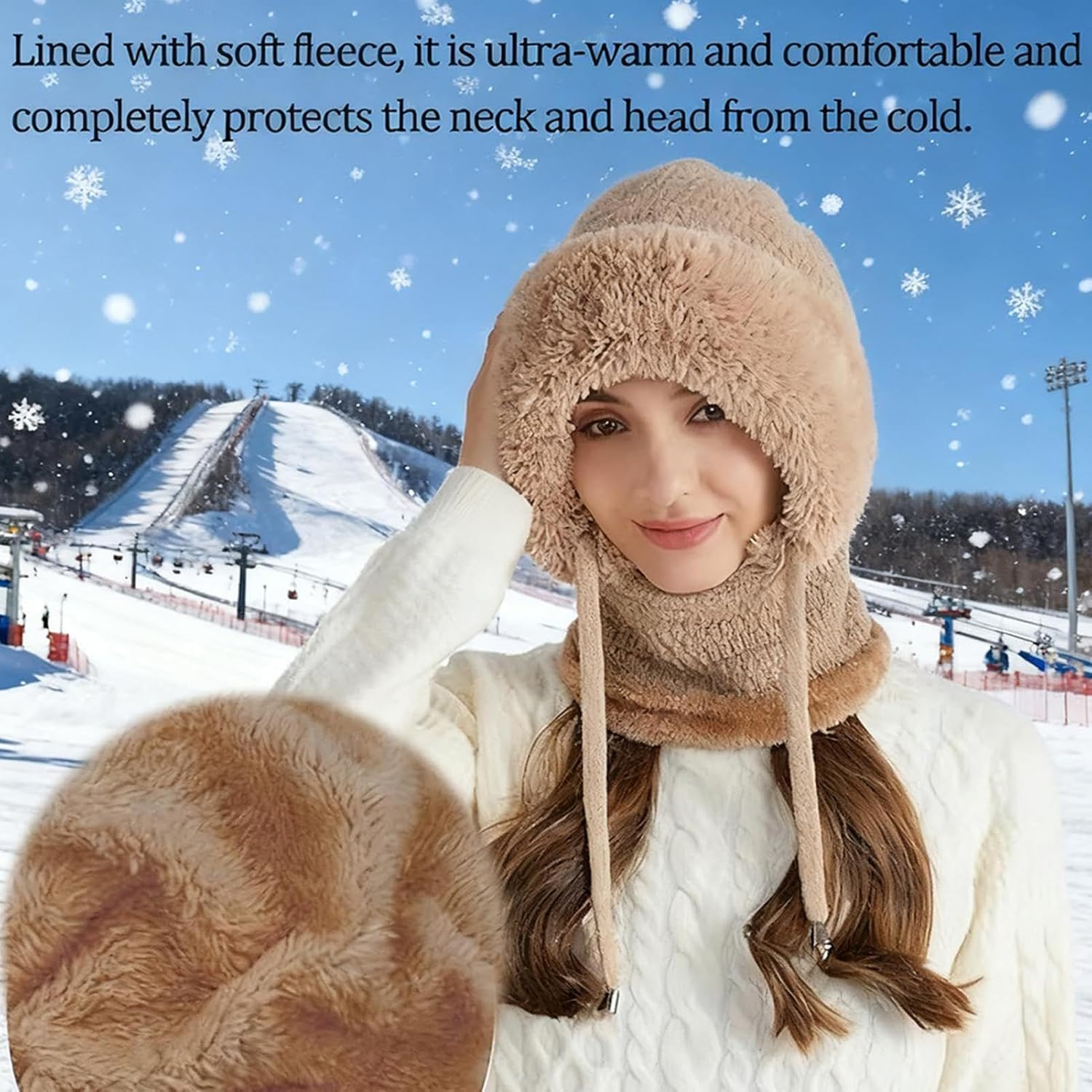 3 In1 Beanie Hat with Scarf and Face Cover - Winter Balaclava | Fall Winter Warm Knitted Windproof Beanie with Thick Soft Fleece Lining | One-Piece Hood Ski Maskes for Hiking, Travel, Skiing, Cycling