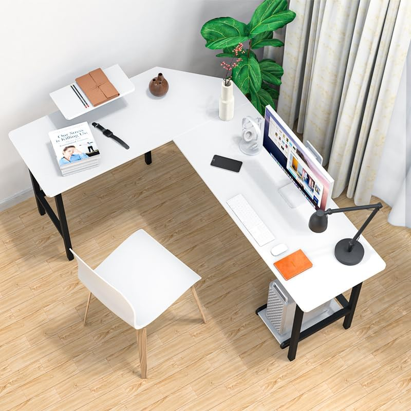 ADVWIN L Shaped Gaming Computer Desk 168Cm Wood Corner Desk with Tower Stand for Study Room Gaming Room Home Office Workstation White