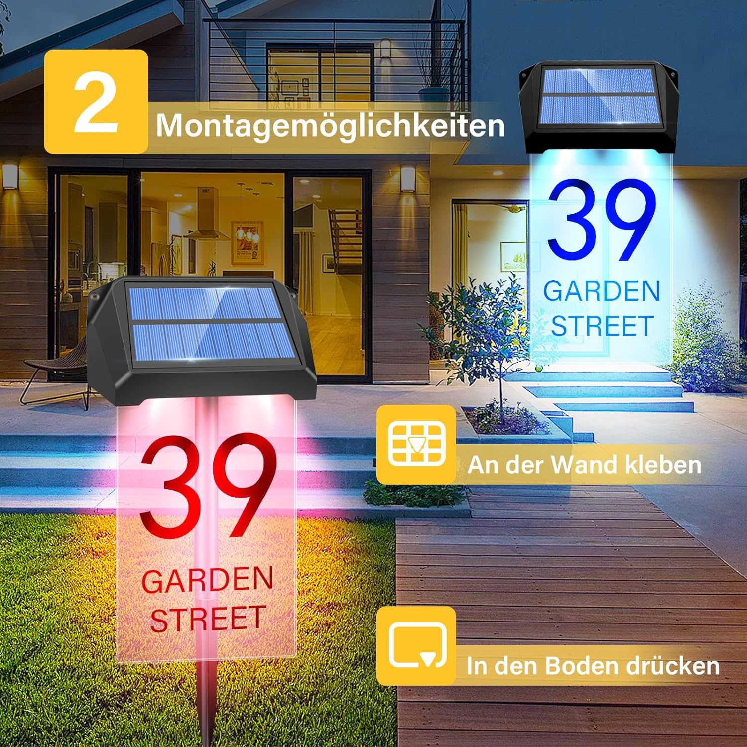 TOTHDATE Solar House Number Illuminated, 10 Colours, Personalised House Number Sign, Illuminated, 1200 Mah, IP65 Waterproof Address Board for Wall Floor