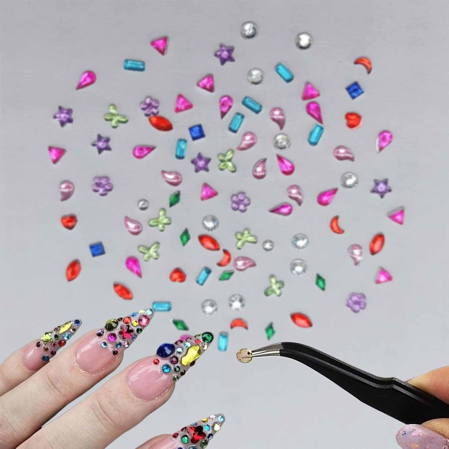 Proxima Direct 2000PCS Colorful Rhinestones Nail Art Charms Multi Shape Crystal Flat Back Nail 3D Mini Heart Star Flower Nail Kawaii Nail Crafts Acrylic Nail Rhinestone Diamonds for Women Nail image number 1