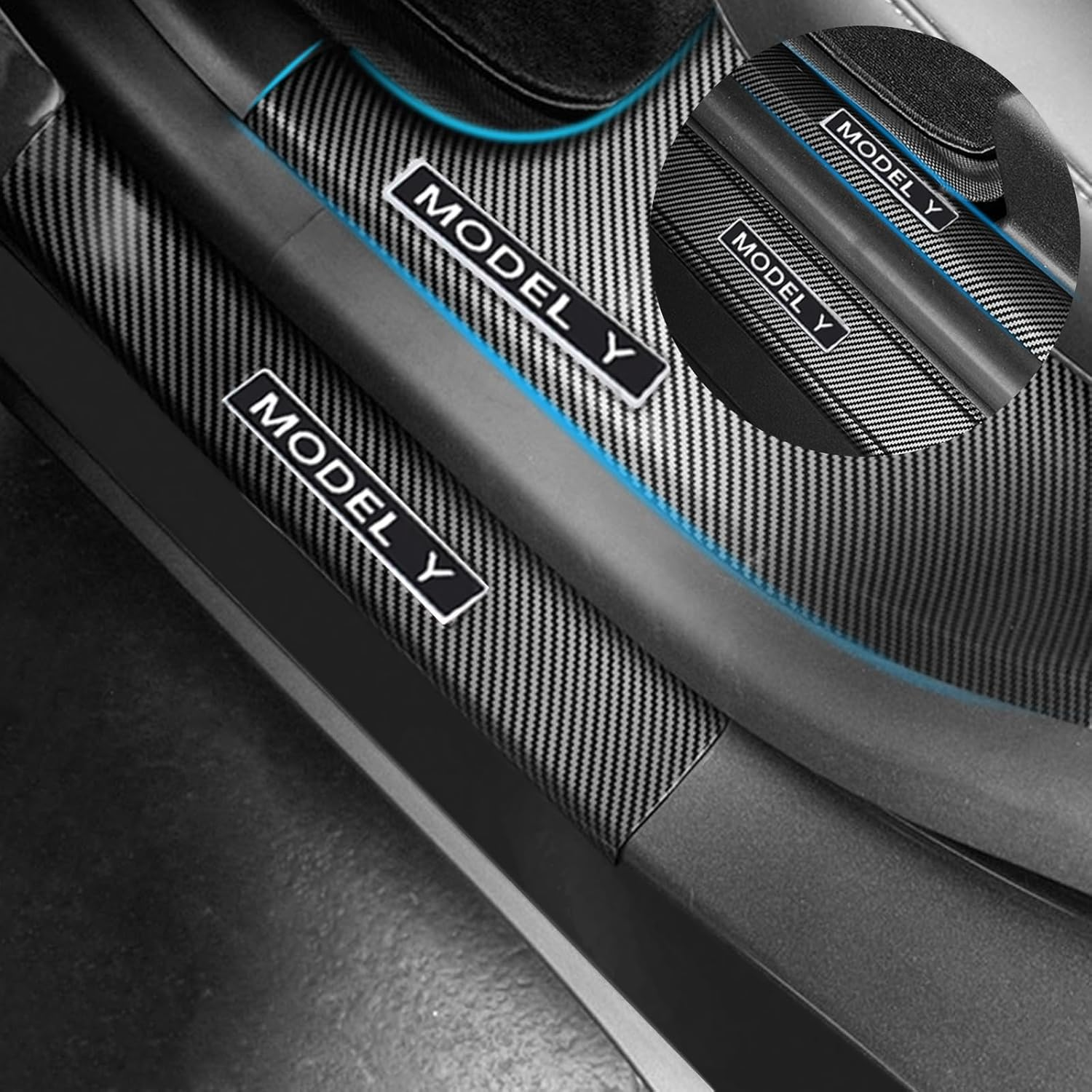 FLAMPETUS Door Sill Protector for Tesla Model Y, 4 Pieces Door Entry Protectors Strips for Inner Side, Tesla Model Y Accessories 2021 2022 2023 for 5-Seater, Glossy Carbon Fiber Pattern image number 6