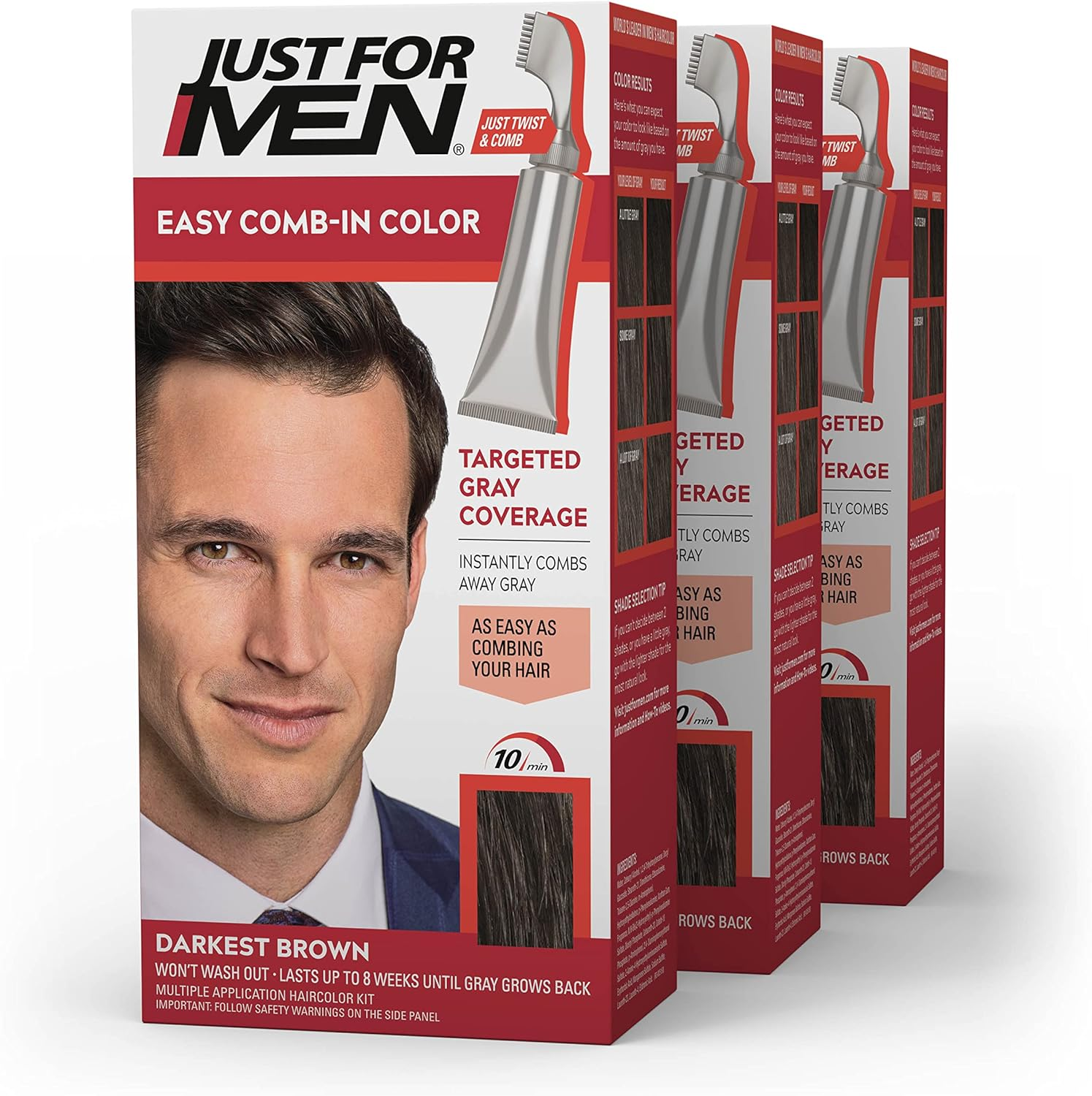 Just for Men Easy Comb-In Color Mens Hair Dye, Easy No Mix Application with Comb Applicator - Darkest Brown, A-50, Pack of 3 image number 3