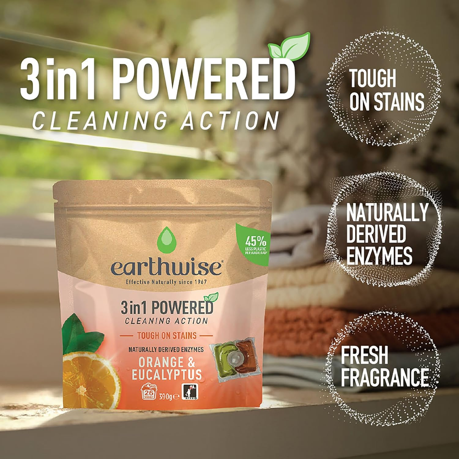 Earthwise Orange & Eucalyptus Laundry Washing Detergent Capsules, 26 Pack, 26 Washloads, Suitable for Front & Top Loader, Tough on Stains, 3In1 Powered Cleaning Action with Naturally Derived Enzymes image number 6