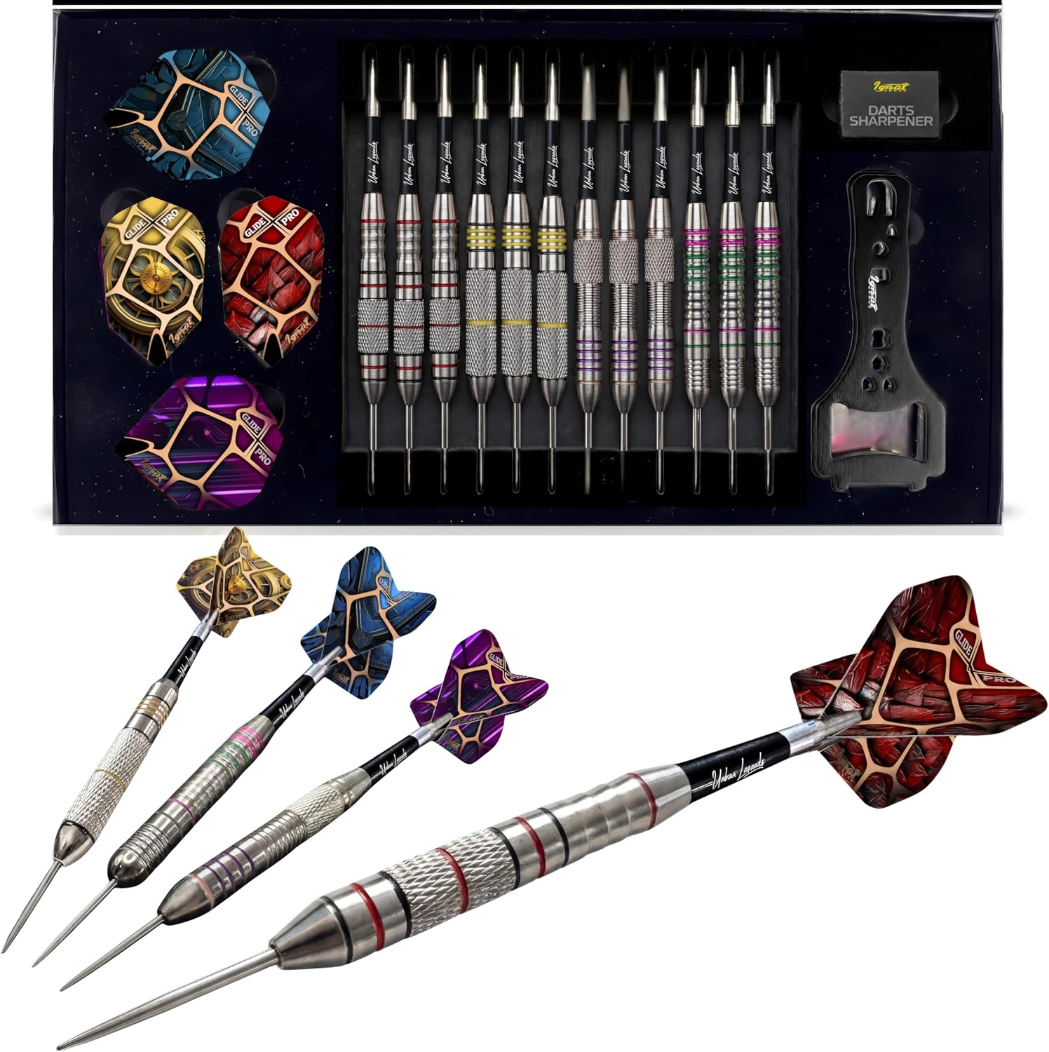 Ignatgames Premium Steel Tip Darts &ndash; 3/6/12 Pack Brass Barrels with Aluminum Shafts, 16 Glidexpro Flight Set, Tool Kit & Giftable Case - Miami Breeze