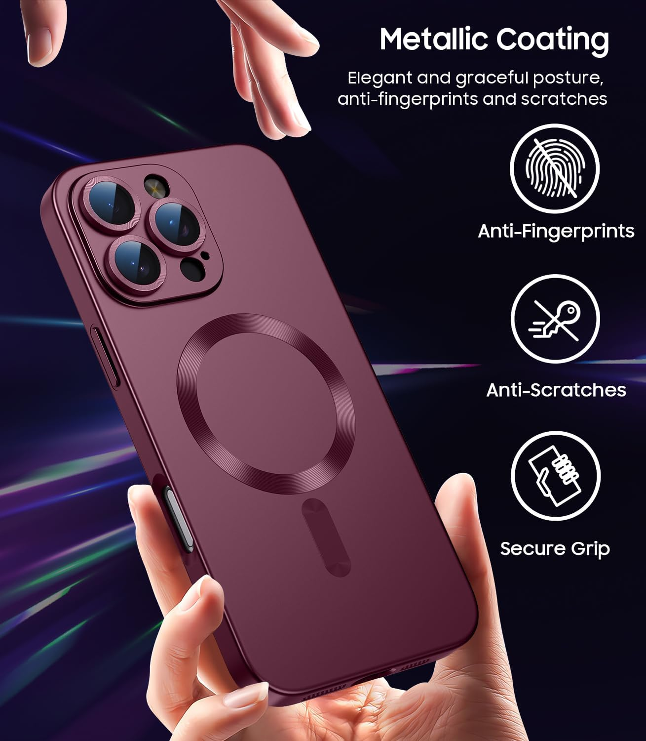 LEKEVO Magnetic for Iphone 16 Pro Max Case [Compatible with Magsafe][Built-In Camera Lens Protector] Slim Soft Silicone Bumper Shockproof Metallic Luster Phone Case (Burgundy) image number 3