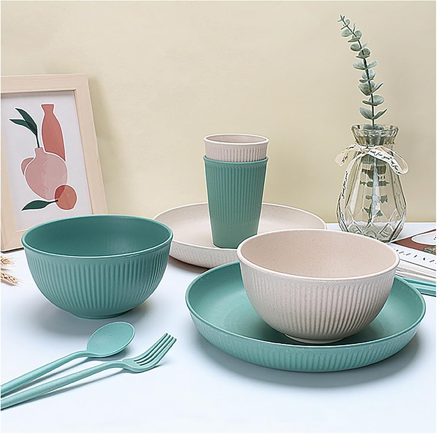 28 Pieces Wheat Straw Dinnerware Sets, Reusable Unbreakable Dinnerware Set, Plastic Dinnerware Sets, Picnic Camping Dinner Sets, Lightweight Camping Plates Cups and Bowls Set for Dorm Kitchen