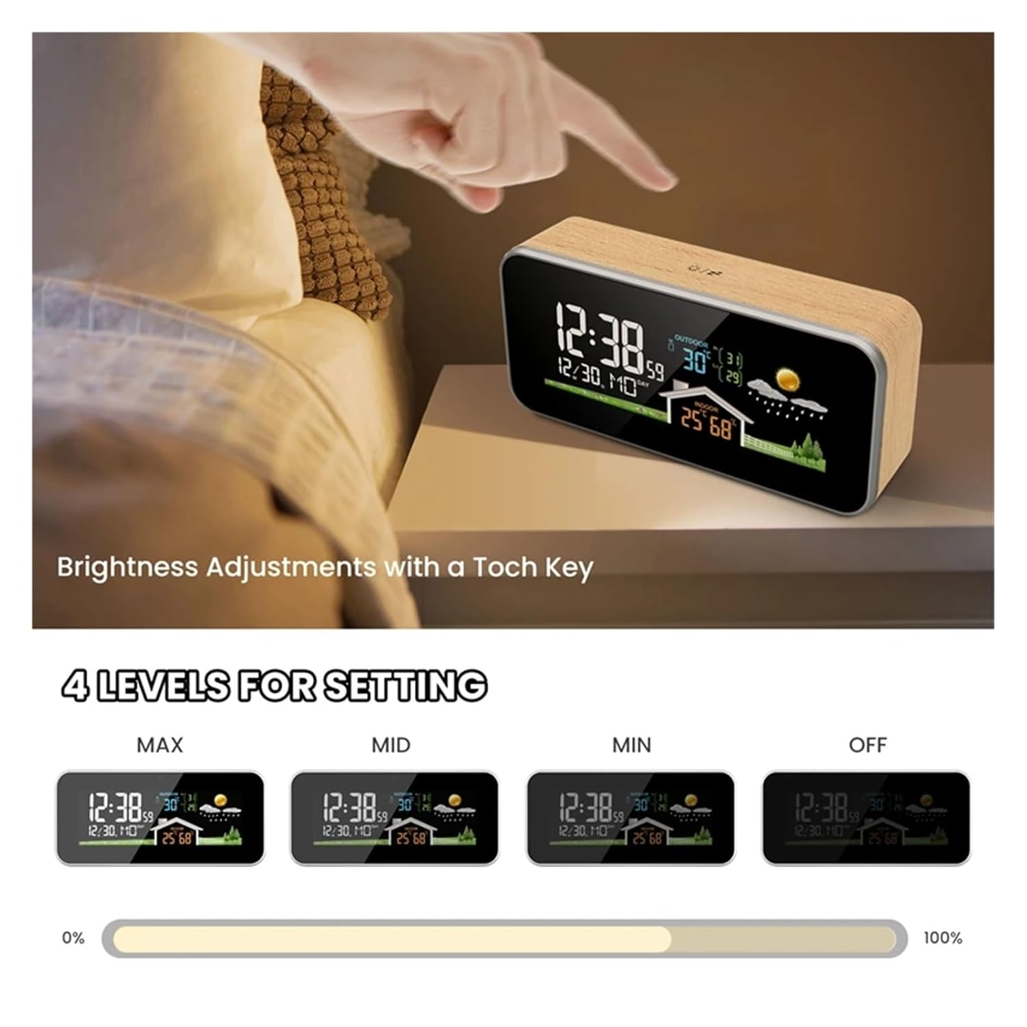 VA Color Screen Weather Station Digital Indoor Desk Thermometer Hygrometer Alarm Clock Wireless Sensor Brightness Adjust image number 3