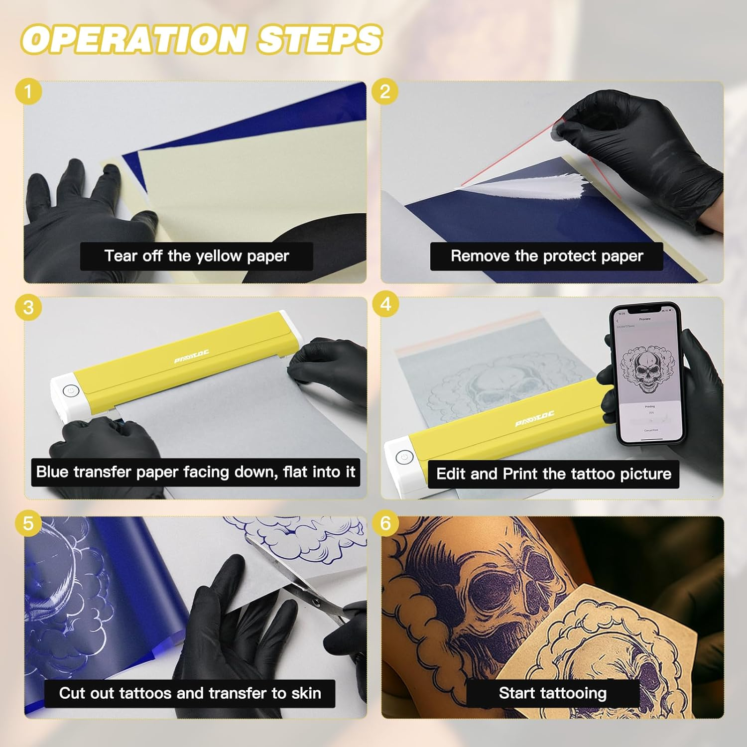 Padieoe Tattoo Stencil Printer with 10Pcs Transfer Paper - Bluetooth, Wireless, 2000Mah - Portable Thermal Printer Machine for Tattooist- 11.5X2.6X1.8In - Yellow image number 6