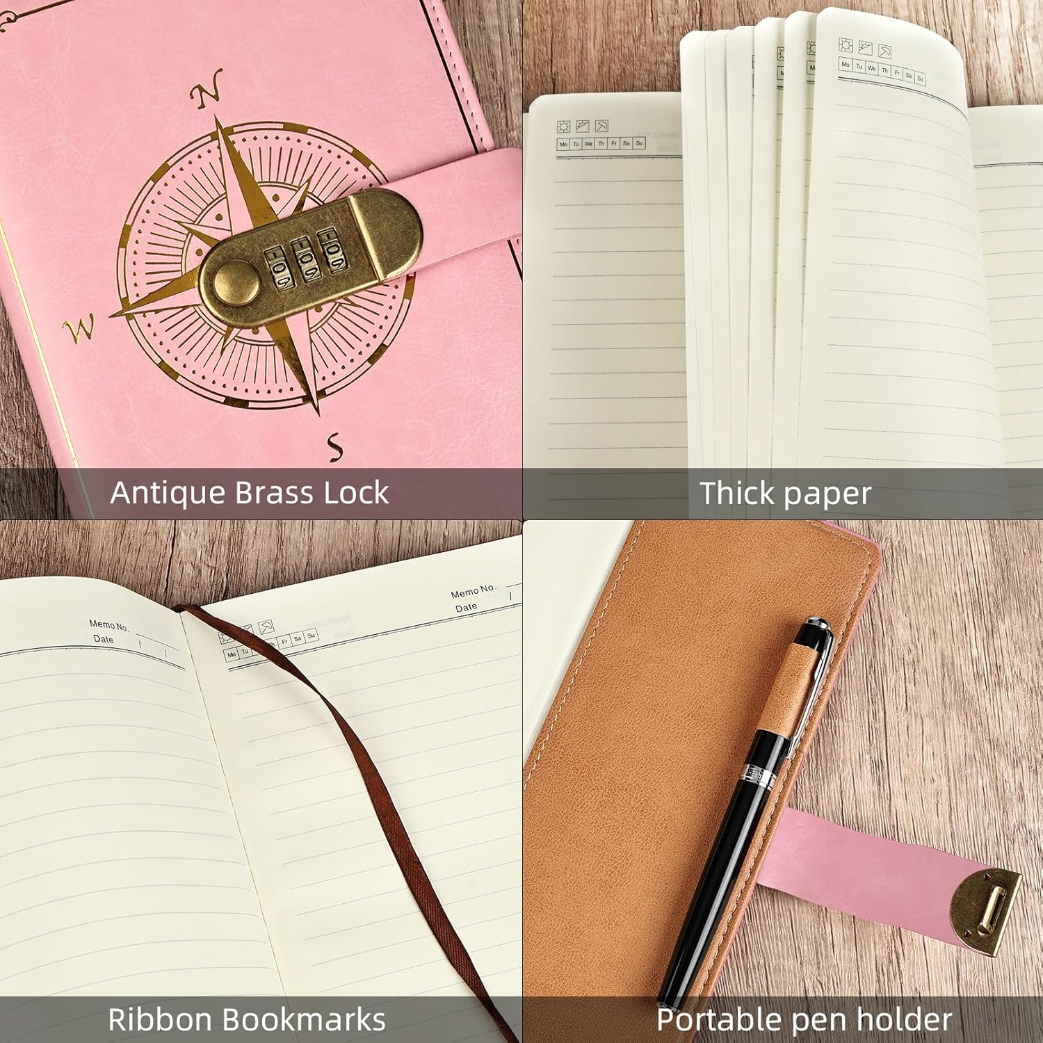 Literary Vintage Leather Notebook with Lock, Embossed Pattern Compass Diary for Writing, A5 Notebook with Lined Paper for Women & Men image number 5