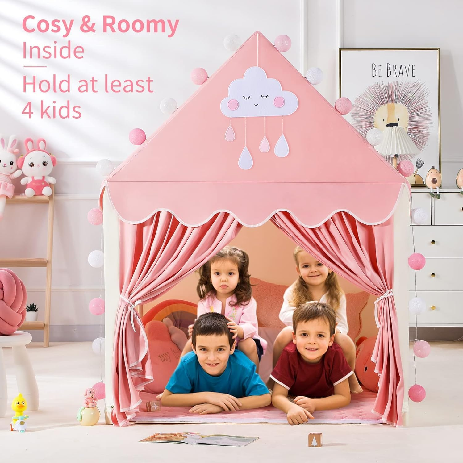 Kid Tent with Lights, Princess Tents for Girls Toy House Toddlers Kids Play Tent Large Indoor Playhouse with Windows and Roll up Door Pink Princess Castle Play Tents Girls & Boys Toy Gifts image number 2