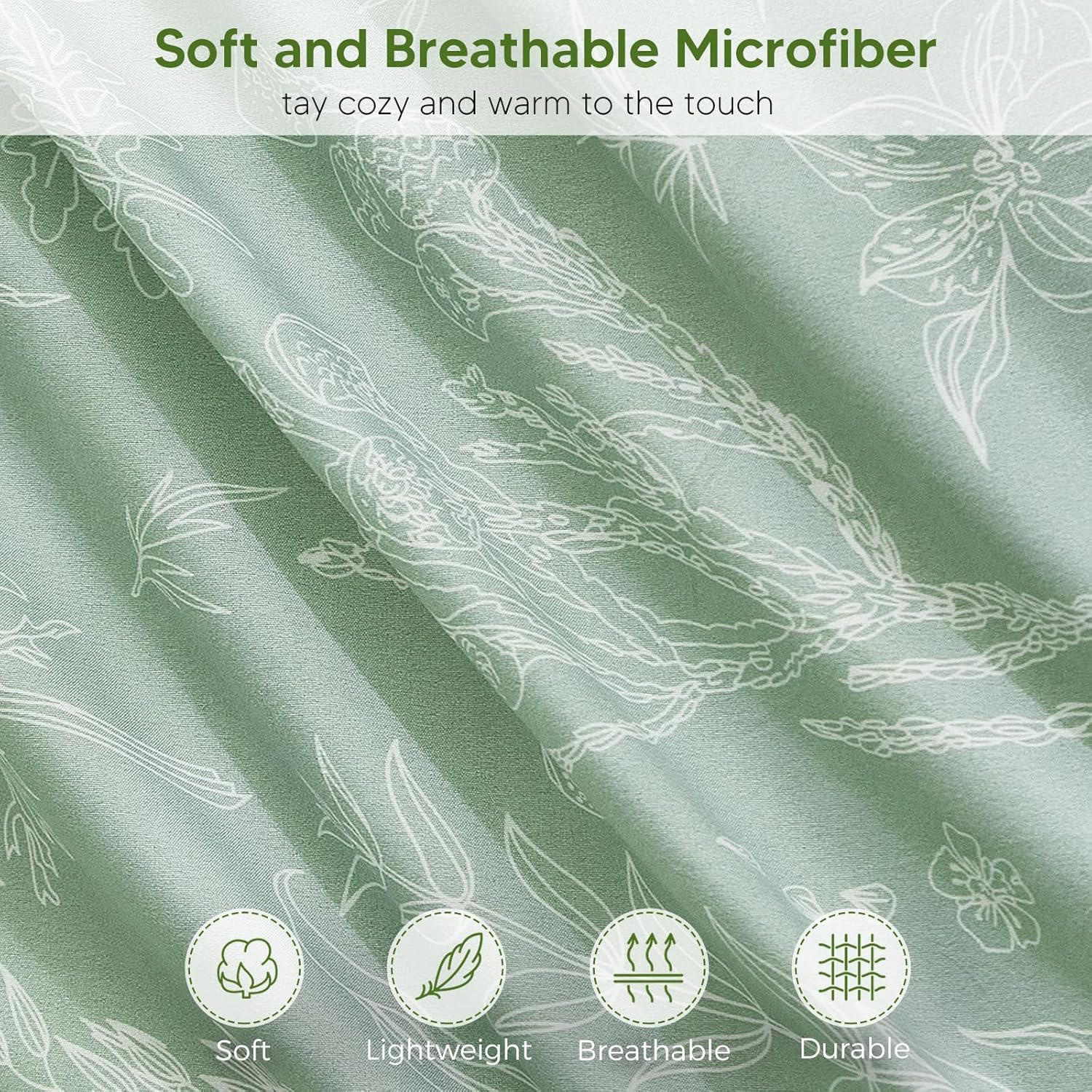 Tokokimo Fitted Sheet 160 X 200 Cm, 35 Cm Large Pockets with 2 Pillowcases 50 X 80 Cm - Soft Microfibre Duvet Cover with Hand-Painted Floral Motif, Sage Green image number 5