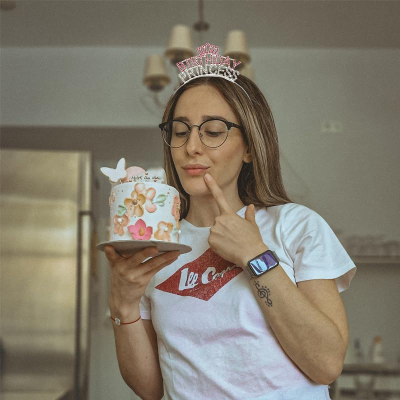 Birthday Princess Sash Headband Set Silver Pink Birthday Girl Crown Headpiece for Women Girls Happy Birthday Party Hats Supplies Decors Signs Birthday Presents for Girls Daughter Granddaughter image number 4
