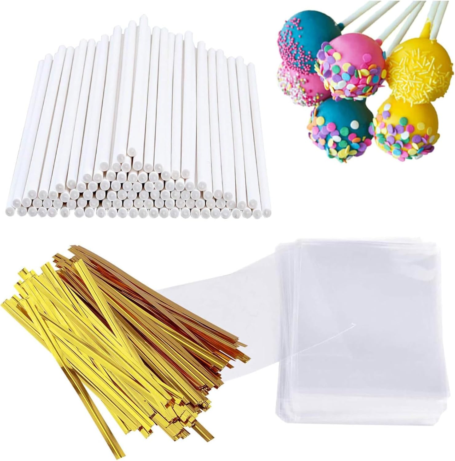 RIKONDA 300-Piece Cake Pop Kit &ndash; 15Cm Paper Sticks, 10X15.5Cm Treat Bags & Gold Twist Ties for Candy, Chocolate, Party Favors image number 5