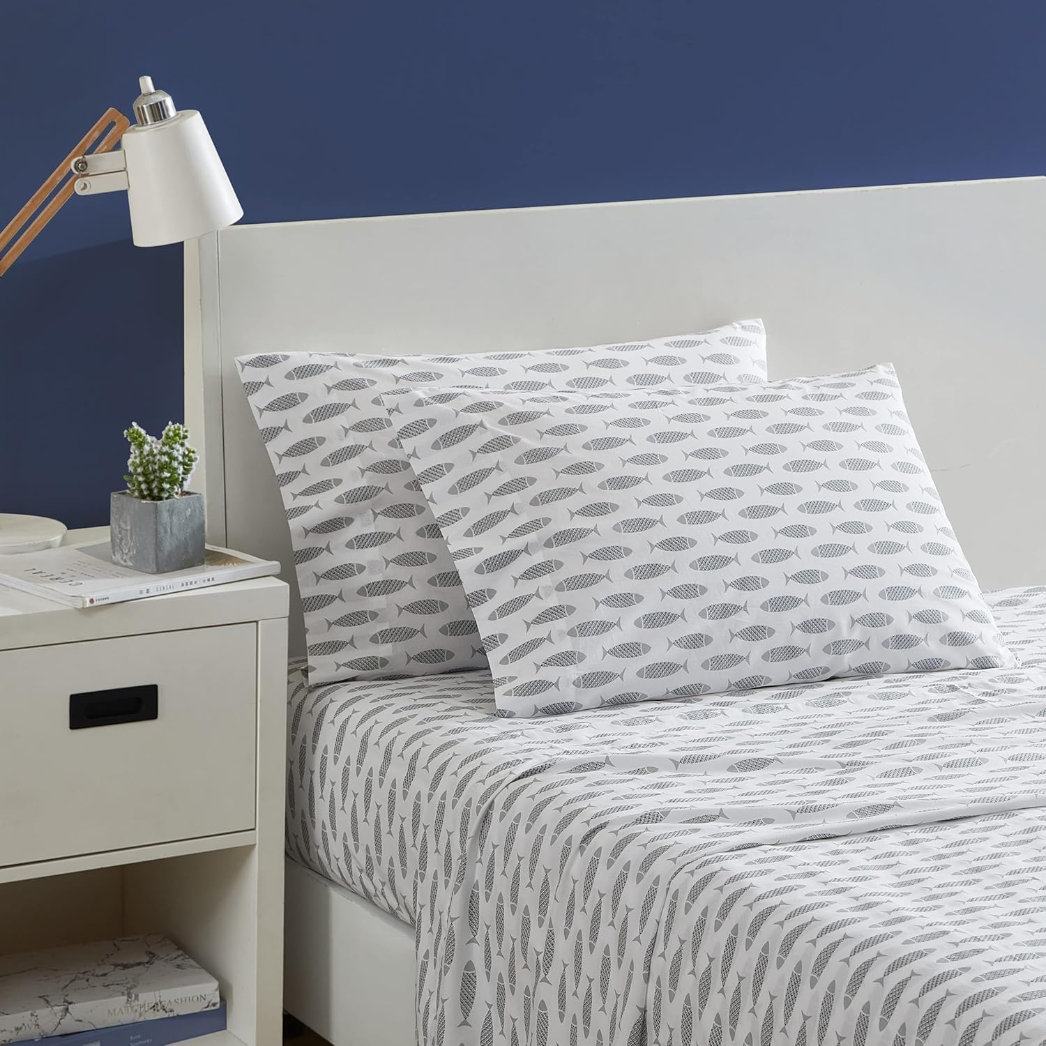 Nautica- Queen Sheet Set, Cotton Percale Bedding Set, Crisp & Cool, Lightweight & Breathable (Woodblock Fish Grey, Queen) image number 1