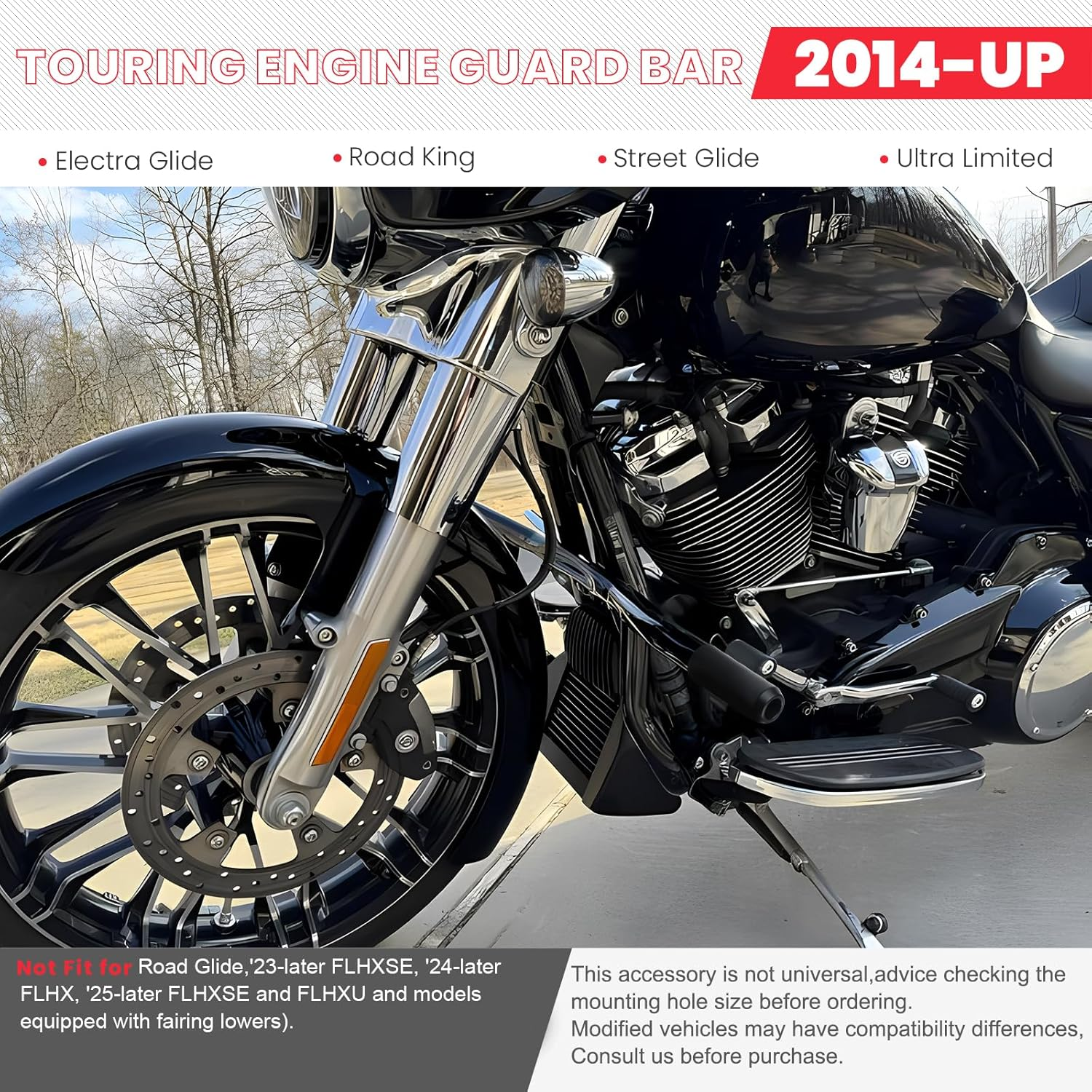 Motorcycle Engine Guard Crash Bar Compatible with Harley Davidson Touring Street Glide Road Glide Road King Electra Glide Ultra Limited Flat Out Bar Black 2014-Up image number 1