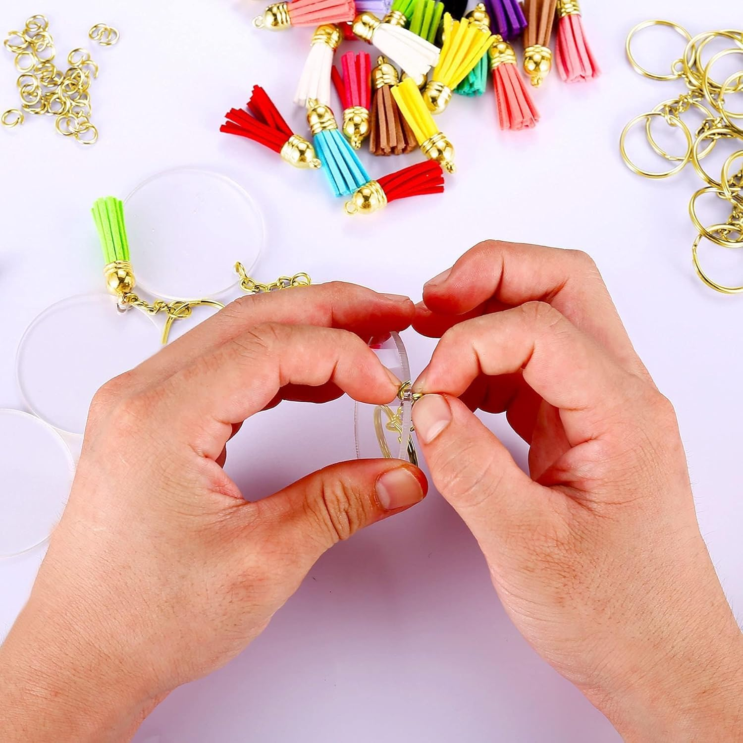 120Pcs Acrylic Keychain Blanks, Craft Tassels Keychain, Bulk Acrylic Keychain for Craft Set with Acrylic Blanks, Key Rings, Tassels and Jump Rings, DIY Keychain Supplies image number 6