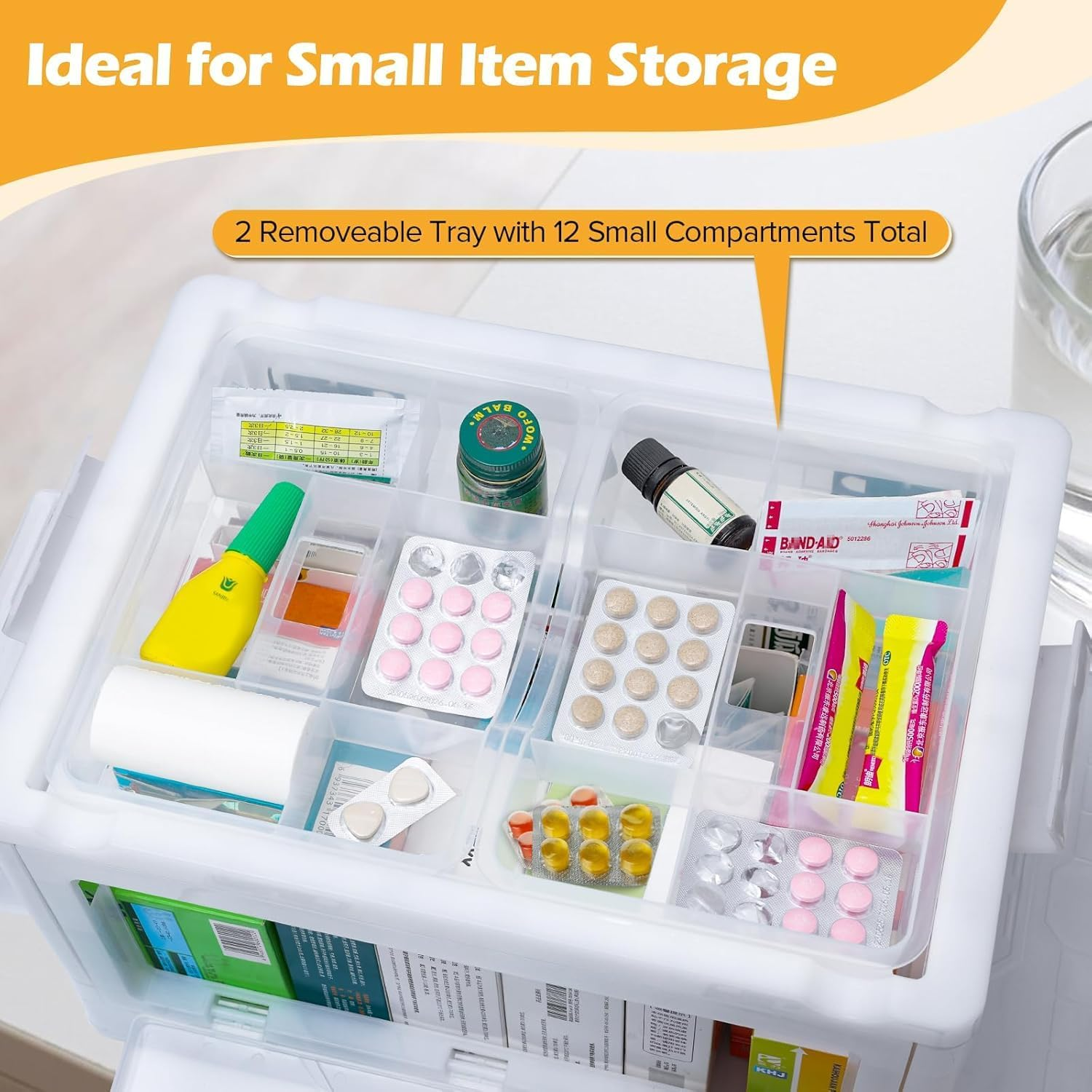Extra Large Medicine Storage Box with Handles, First Aid Box Clear Medical Supply Organizer with Removable Tray, Multipurpose Plastic Medicine Chest with Wheels image number 5