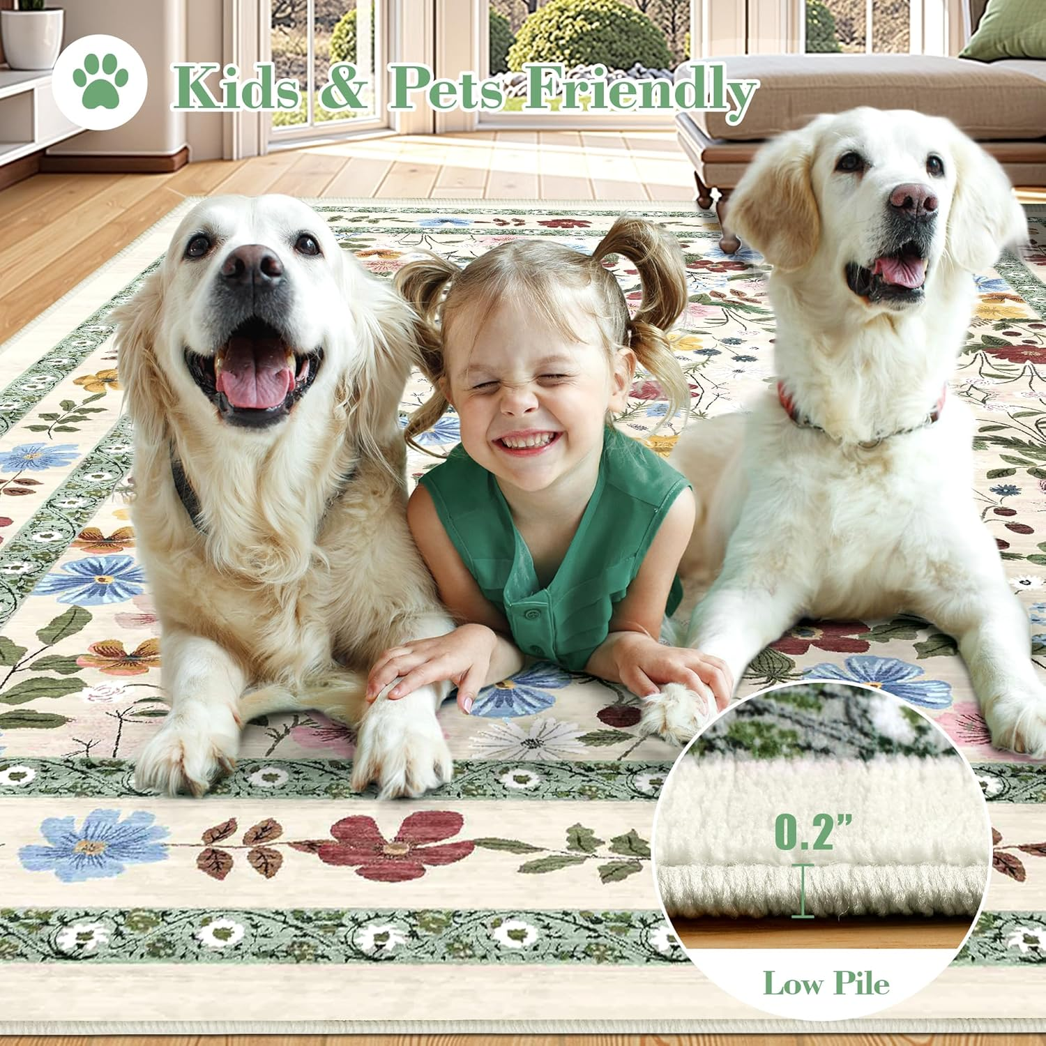 Deerly Green Rugs for Livingroom, Floral Boho Area Rug for Bedroom Child Nurseryroom Diningroom, Vintage Non-Slip Floor Rug Washable Bedunder Carpet Kitchen Office. (Beigegreen, 160X230Cm) image number 5