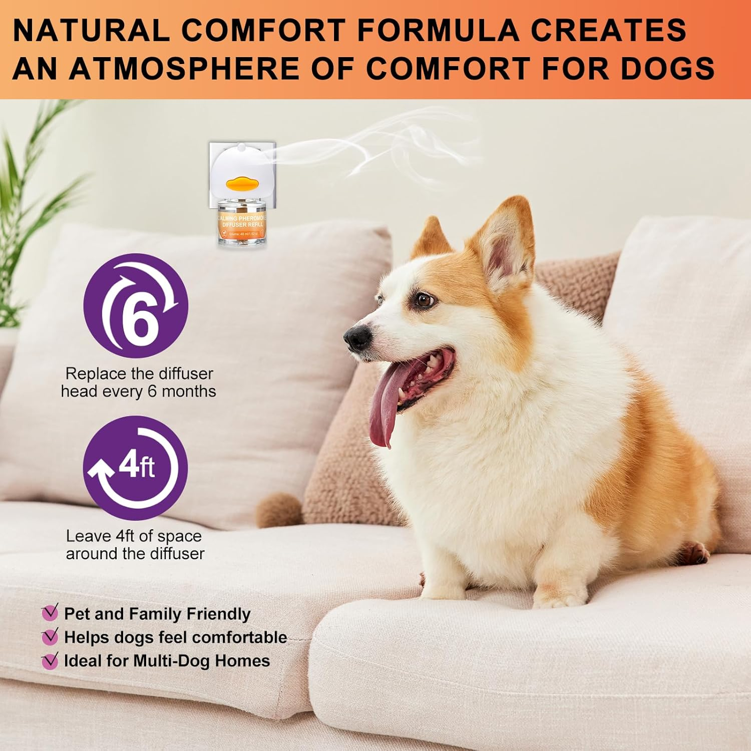 Dog Calming Pheromone Diffuser, Pet Calming Diffuser for Dog Anxiety Relief 4 Refills,Anxiety Relief Reduce Aggression Fighting Barking Stress Calm Relaxing (4) image number 2