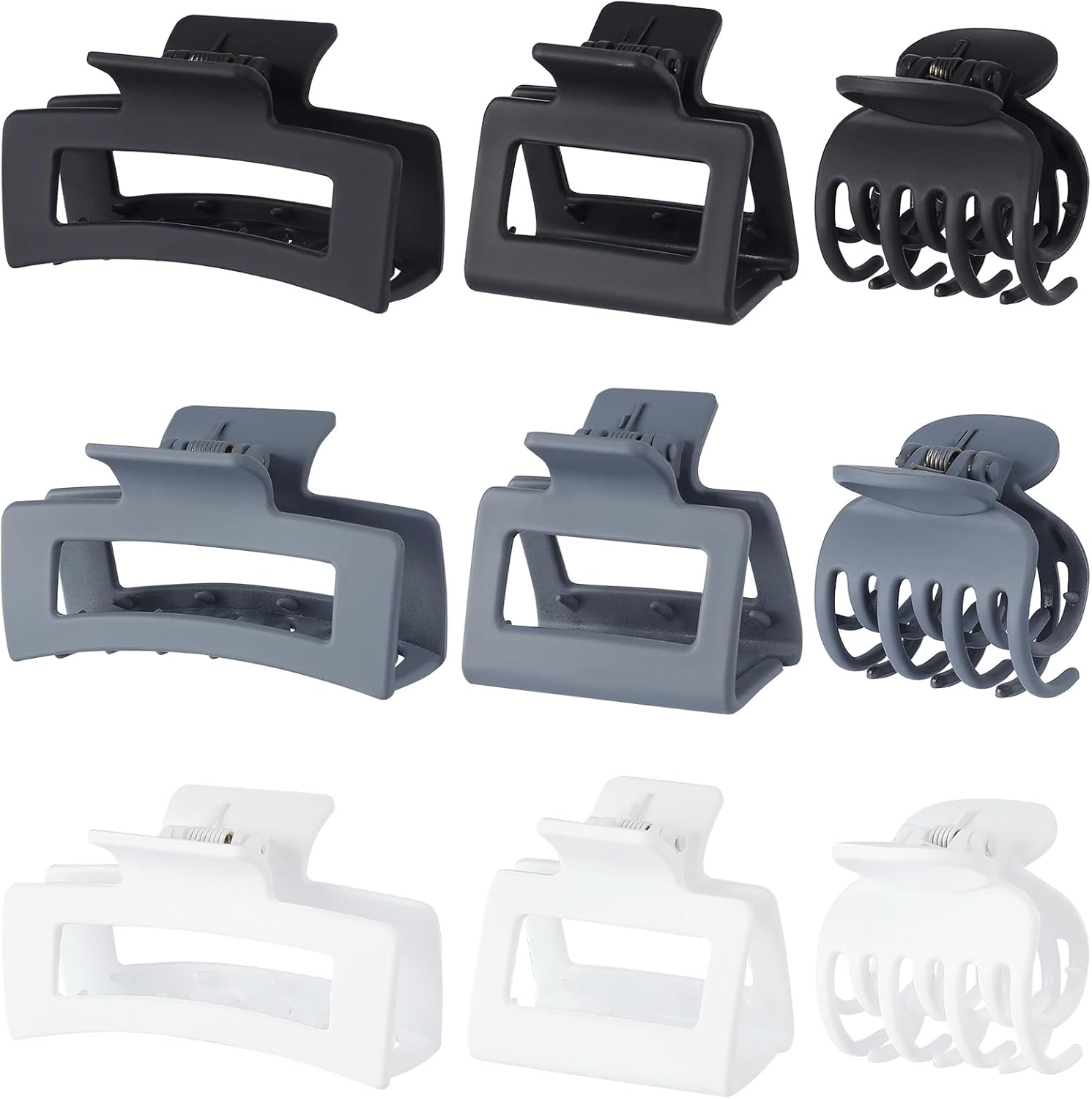 3 Style Claw Hair Clips Set for Women - 9 Pcs Medium Rectangle Clips for Thick Hair, Square Clips for Thin Hair - Grey