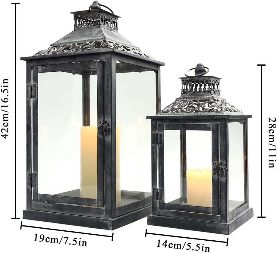 JHY Design Set of 2 Black with Grey Brush Decorative Lanterns, Metal Candle Lanterns for Indoor Outdoor, Events, Paritie and Weddings Vintage Style Hanging Lantern image number 4
