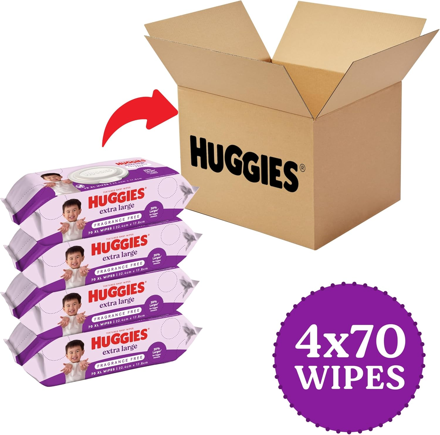 HUGGIES Baby Wipes Extra Large Textured Fragrance Free 280 Count (4 X 70 Pack) - Packaging May Vary image number 3