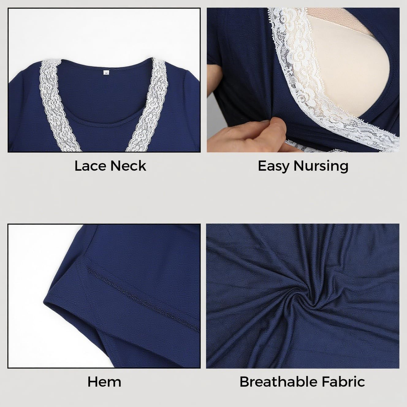 Pregnant Nursing Maternity Lounge Set, Lace Trim Home Sleepwear, Comfortable Casual Nightgown for Expectant and Nursing Moms