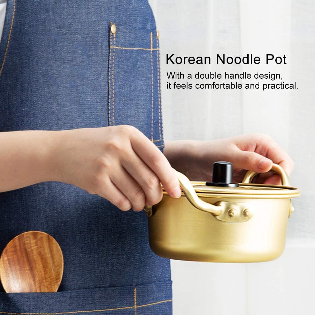 Korean Ramen Pot, Aluminum Alloy Yellow Noodle Pot with Lid Double Handle Fast Heating Ramen Noodle Pot for Kitchen Cookware (16Cm) image number 5