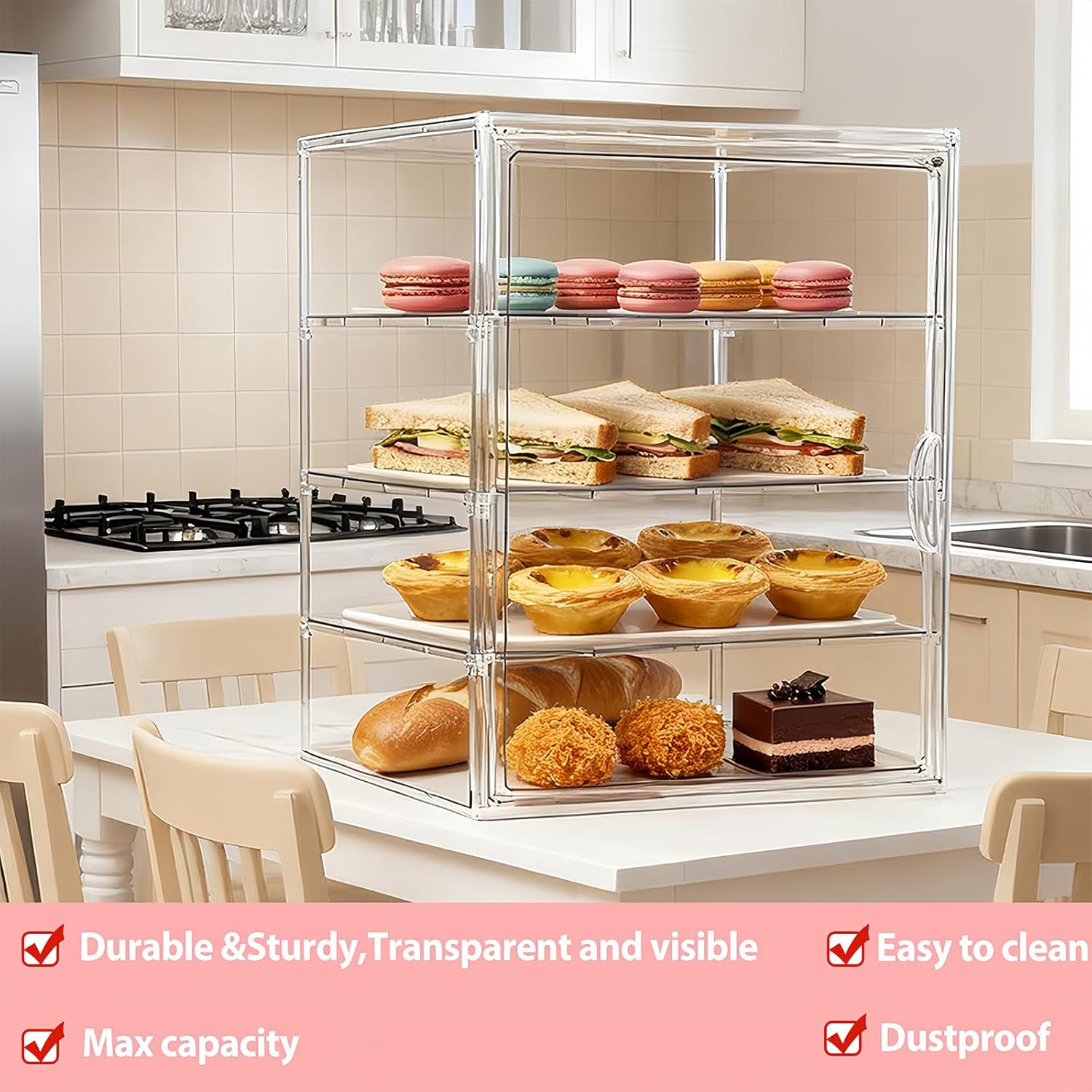 4-Tier Acrylic Pastry Display Case (40X30X25 Cm) - Adjustable Clear Bread Box with Magnetic Door, Large Capacity Bakery Storage for Kitchen Counter, Holds Breads, Muffins, Cookies, Donuts image number 1
