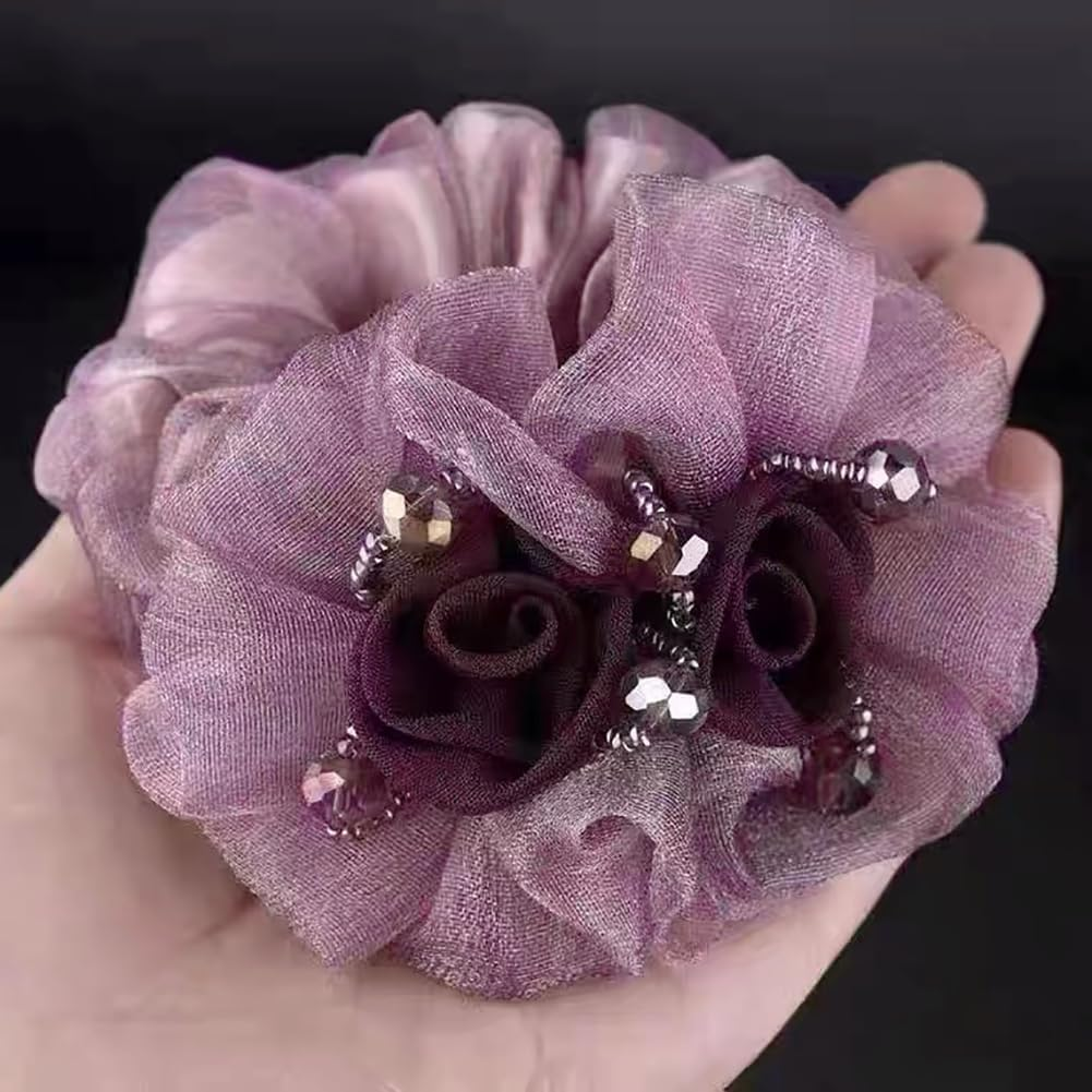 5 Pack Rose Flower Lace Hair Scrunchies for Women Girls Elastic Hair Bows Fashionable Ponytail Holders Hair Tie Ropes Hair Accessories (Colorful) image number 4