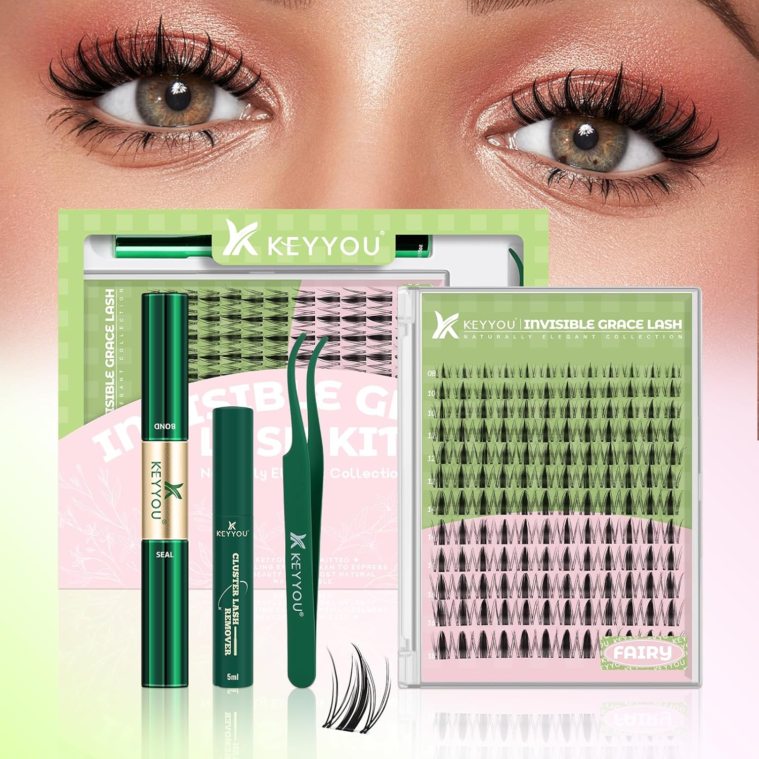 KEYYOU Fairy Lash Clusters Kit, Manga Eyelash Extension Kit at Home, D Curl, Wispy Natural Invisible Band Lash with Waterproof DIY, Fairy-D-8-16Mix, 144 Pcs image number 1
