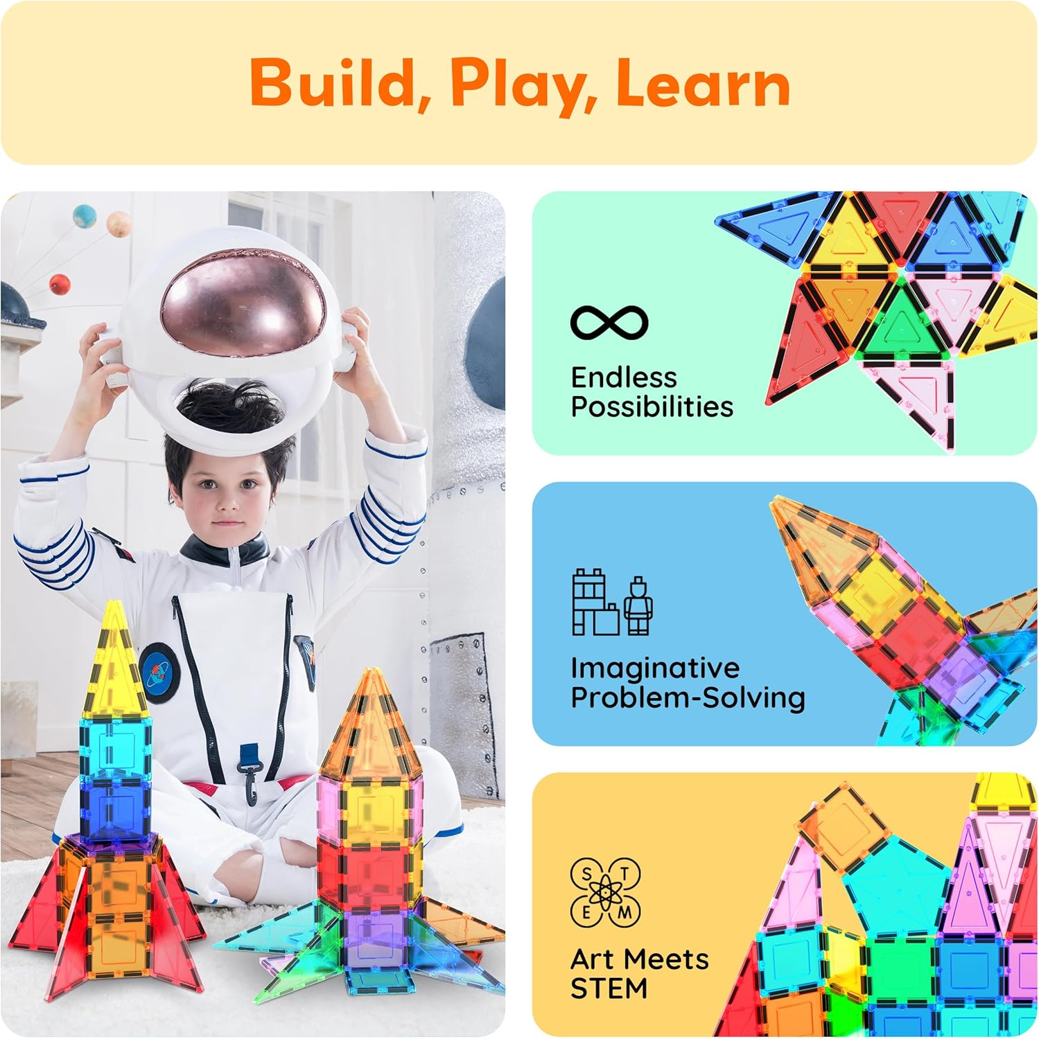Picassotiles 32 Piece Magnetic Building Block Rocket Booster Theme Set Magnet Construction Toy Educational Kit Engineering STEM Learning Playset Child Brain Development Stacking Blocks Playboard PT32 image number 1