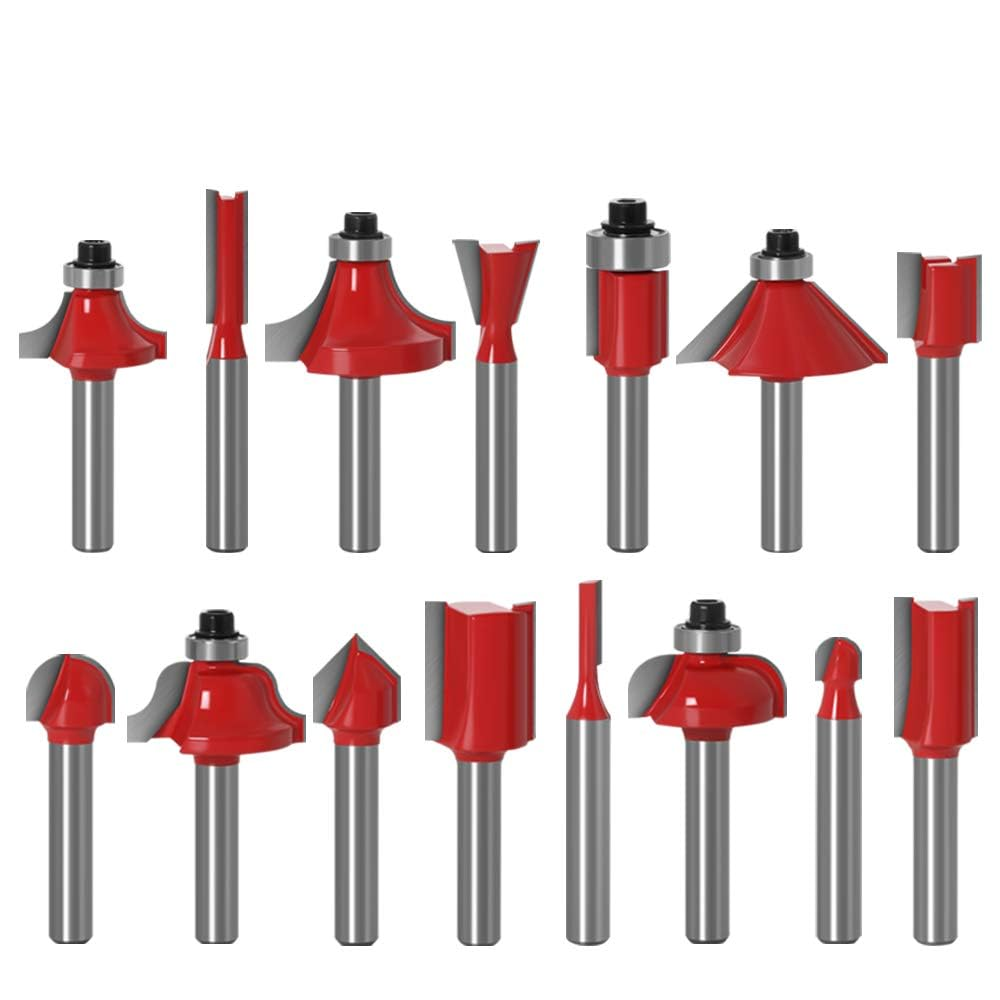 Yakamoz 15 Pieces 1/4 Inch Shank Tungsten Carbide Router Bit Set Woodworking Cutter Trimming Milling Bits Tool Kit for Home Improvement and Diy丨Red image number 1