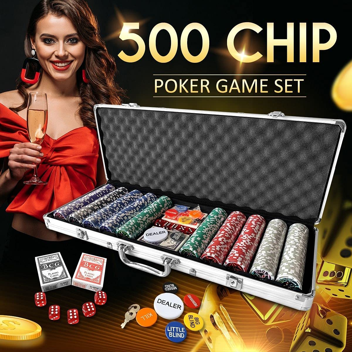 Casino Poker Chips Set, 500PCS 11.5 Gram 6 Colors Casino Chips Poker Set with Aluminum Travel Case,6 Buttons，2 Decks of Cards, 5 Dice, for Texas Holdem Blackjack Gambling image number 1