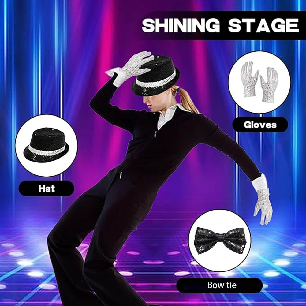 5Pcs MJ 80S Costume Accessories, 70S Disco Dancer Rocker Star Cosplay Set King of Pop Fancy Dress Set for 80 90S Theme Party Carnival Dance Halloween Party Cosplay