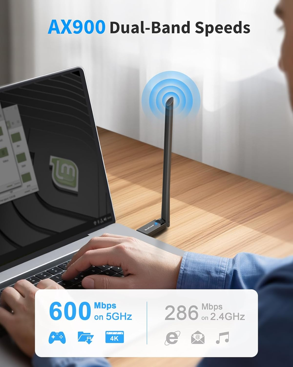 Brostrend AX900 Linux Wifi 6 USB Adapter, Linux Compatible Wifi Adapter for Ubuntu, Debian, Raspberry Pi, Mint, Zorin, Win 11/10 Etc. Long Range Wi-Fi Dongle Dual Band 5Ghz + 2.4G, 6Dbi Wi-Fi Antenna image number 5
