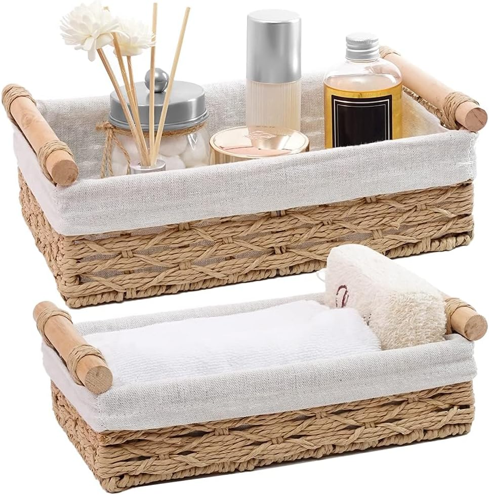 MZDMY Storage Basket,Storage Organiser, Toilet Paper Basket, Countertop Decoration Box, Wicker Basket for Home Decoration and Bathroom Organization with Handles 2-Piece Set (Beige)