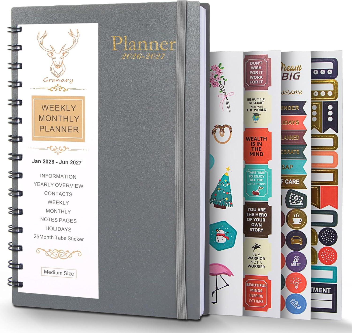 Monthly Weekly Daily Planner 2026-2027 with Stickers, Agenda Planner from January 2026-June 2027, 5.7'' X 8.2'' (Black)
