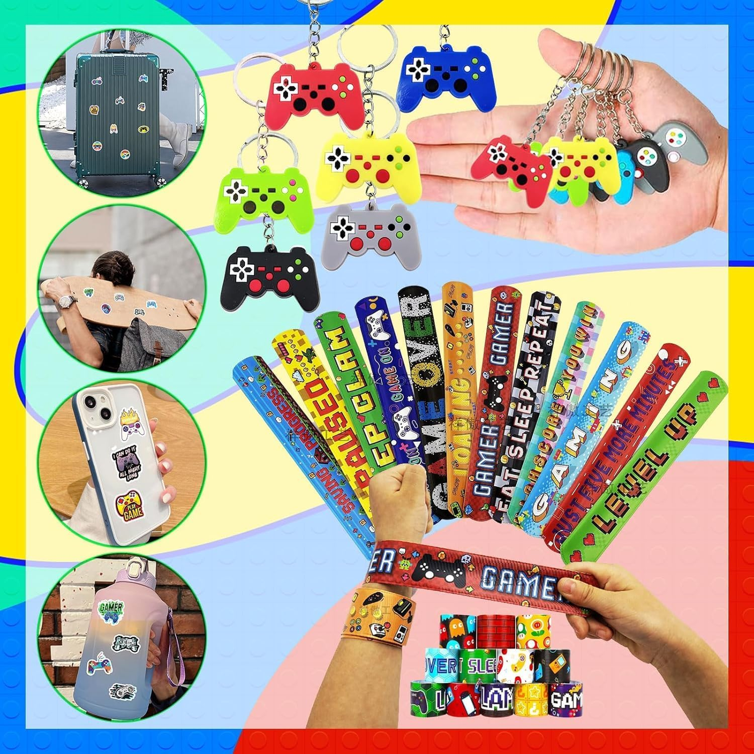 98 Pcs Video Game Party Favors, Party Favors - 12 Set of Party Supplies Included Gift Bags,Game Keychain,Slap Bracelet,Stickers,Temporary Tattoos for Birthday Party Supplies image number 2