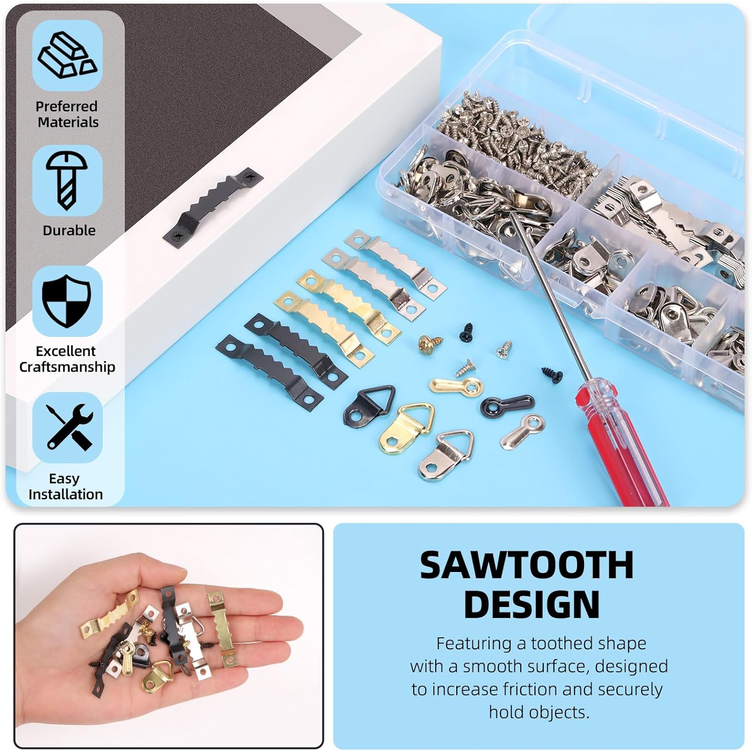 Glarks 401Pcs Silver Picture Hanging Kit, Include 50Pcs Sawtooth Picture Frame Hangers, 50Pcs Frame Turn Buttons, 50Pcs D Ring Picture Hangers, 250Pcs Screws and 1Pcs Screwdriver for Hanging Photo image number 5