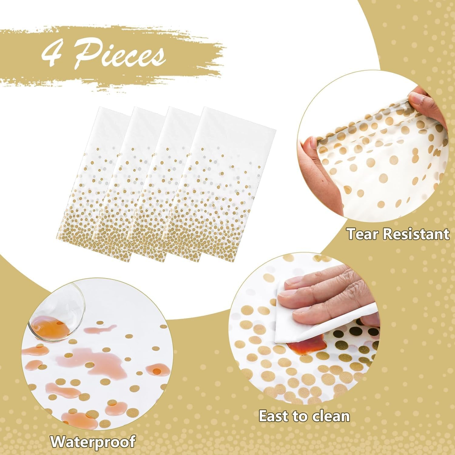 4 Pack Disposable Plastic Tablecloths, 54" X 108" Plastic Rectangle Whitegold Dot Tablecloths for Indoor or Outdoor Tables Parties Christmas Picnic Birthdays and Weddings