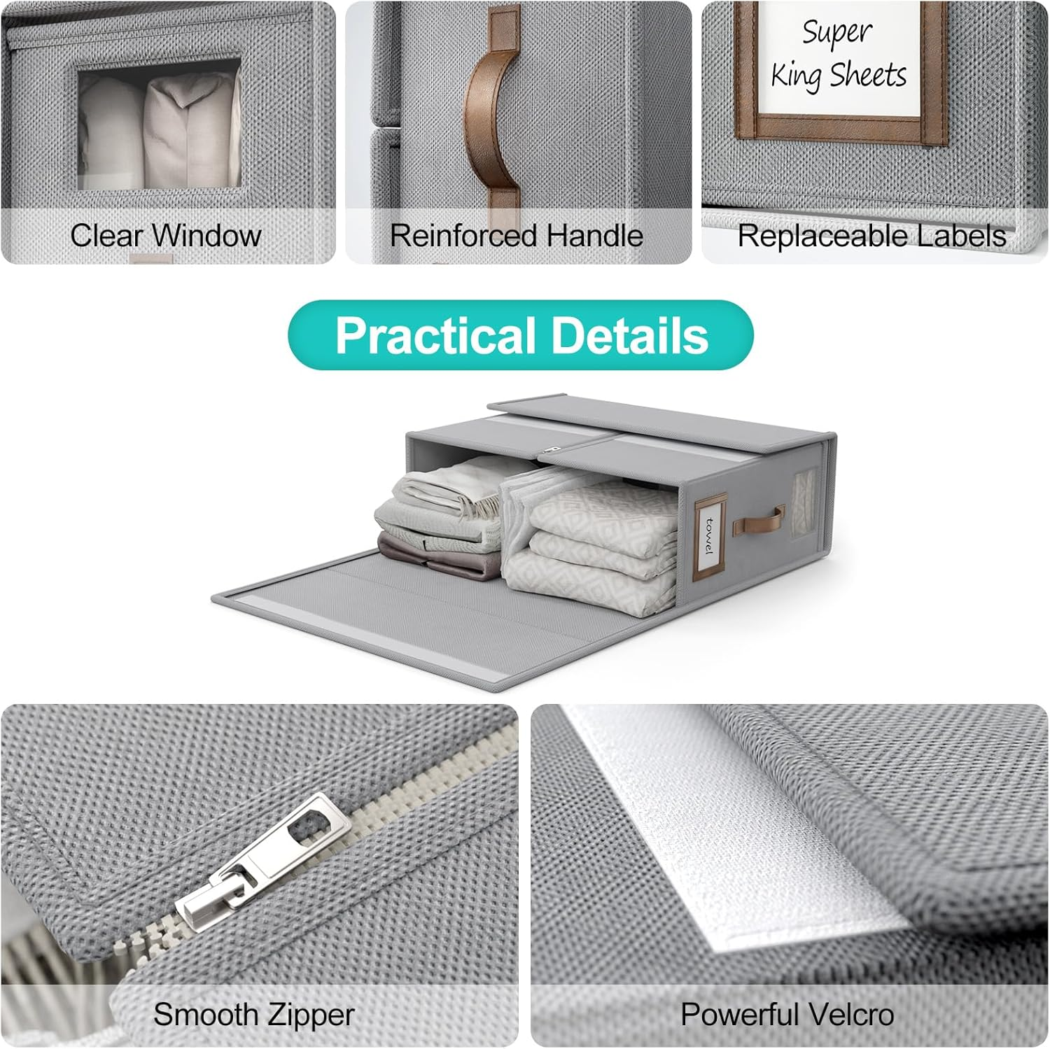 Bigponpon 4 Pack Bed Sheet Organizers and Storage,Foldable Sheet Organizer for Linen Closet(Super King Size),Linen Bedding Storage Box with Leather Handle for Bedsheets,Flannel Blankets,Thin Quilts image number 6