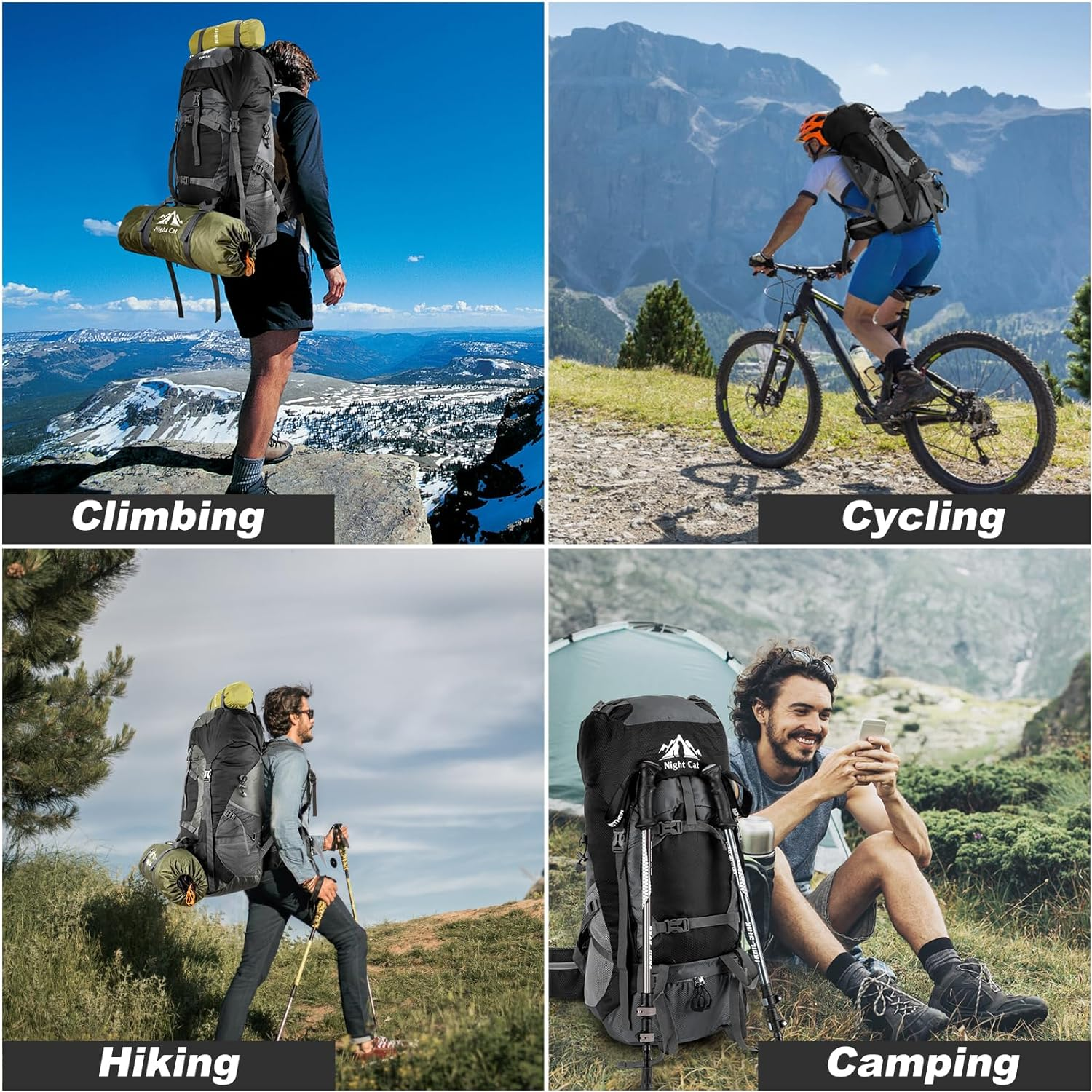 Night Cat Hiking Backpack 40L 70L 90L Backpack Trekking Backpack Travel Backpack Men Women Breathable for Camping Trekking Mountainering Climbing Bicycle Travel