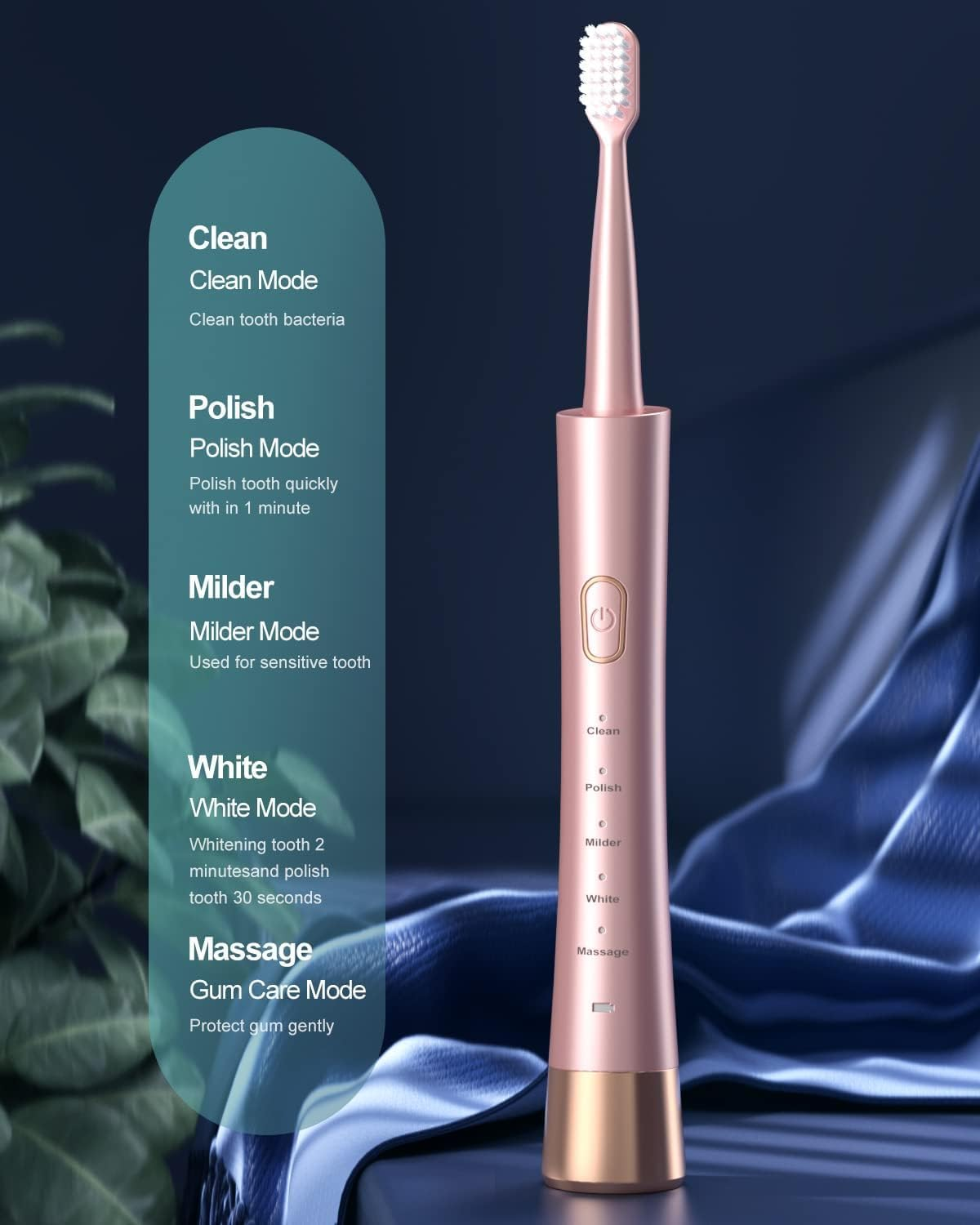Oolong Waterproof Sonic Electric Toothbrush, 2-Hour Fast Charge with Intelligent Time Reminder, 5 Modes, 6 Brush Heads, Travel, Indoor, Outdoor, Pink image number 3