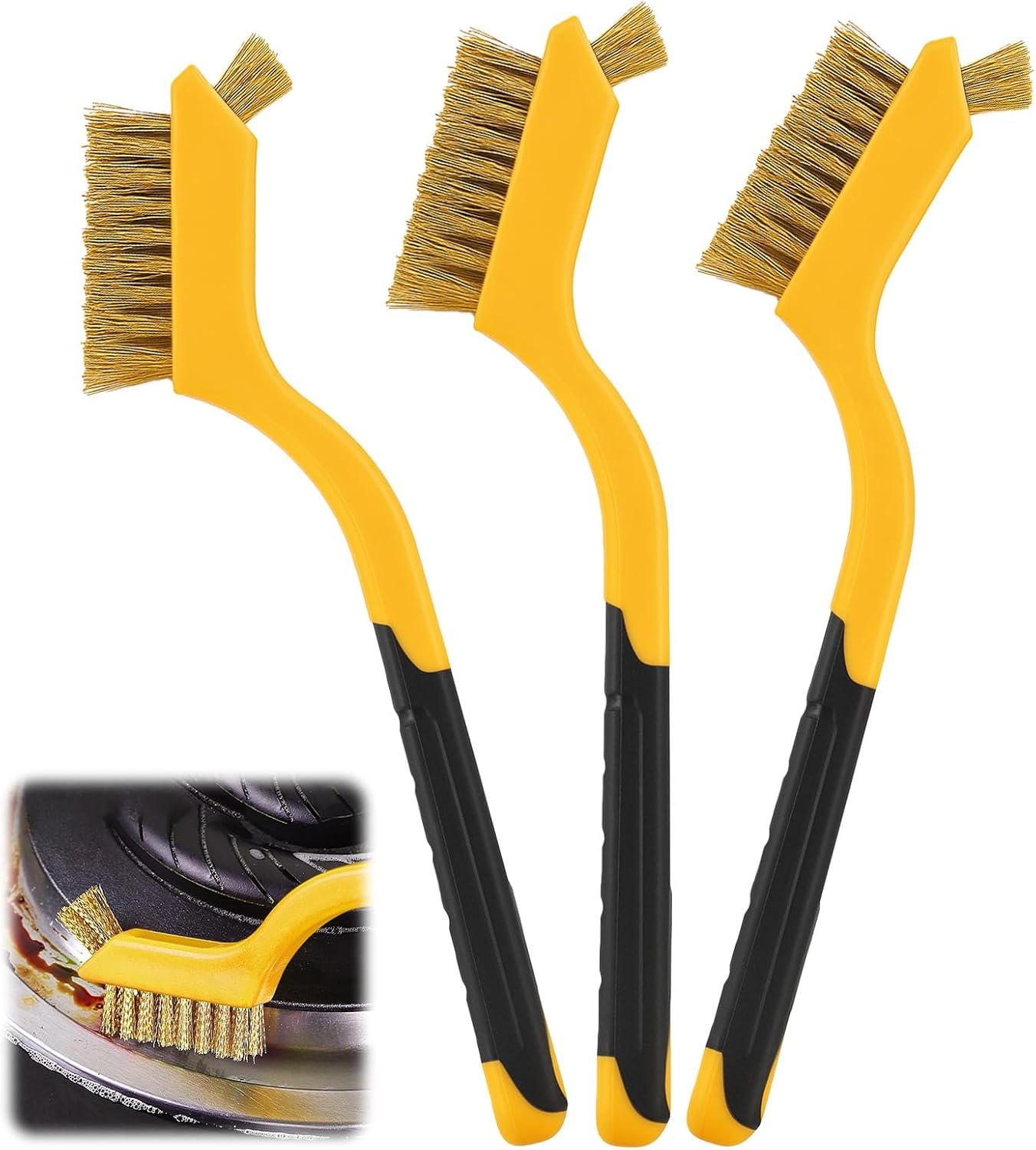 3-Pack 7'' Copper Plated Steel Wire Brush Set,Multi-Use Dual Head and Curved Handle Grip,Wire Cleaning Brush for Toilet,Kitchen, Bathroom Etc image number 4