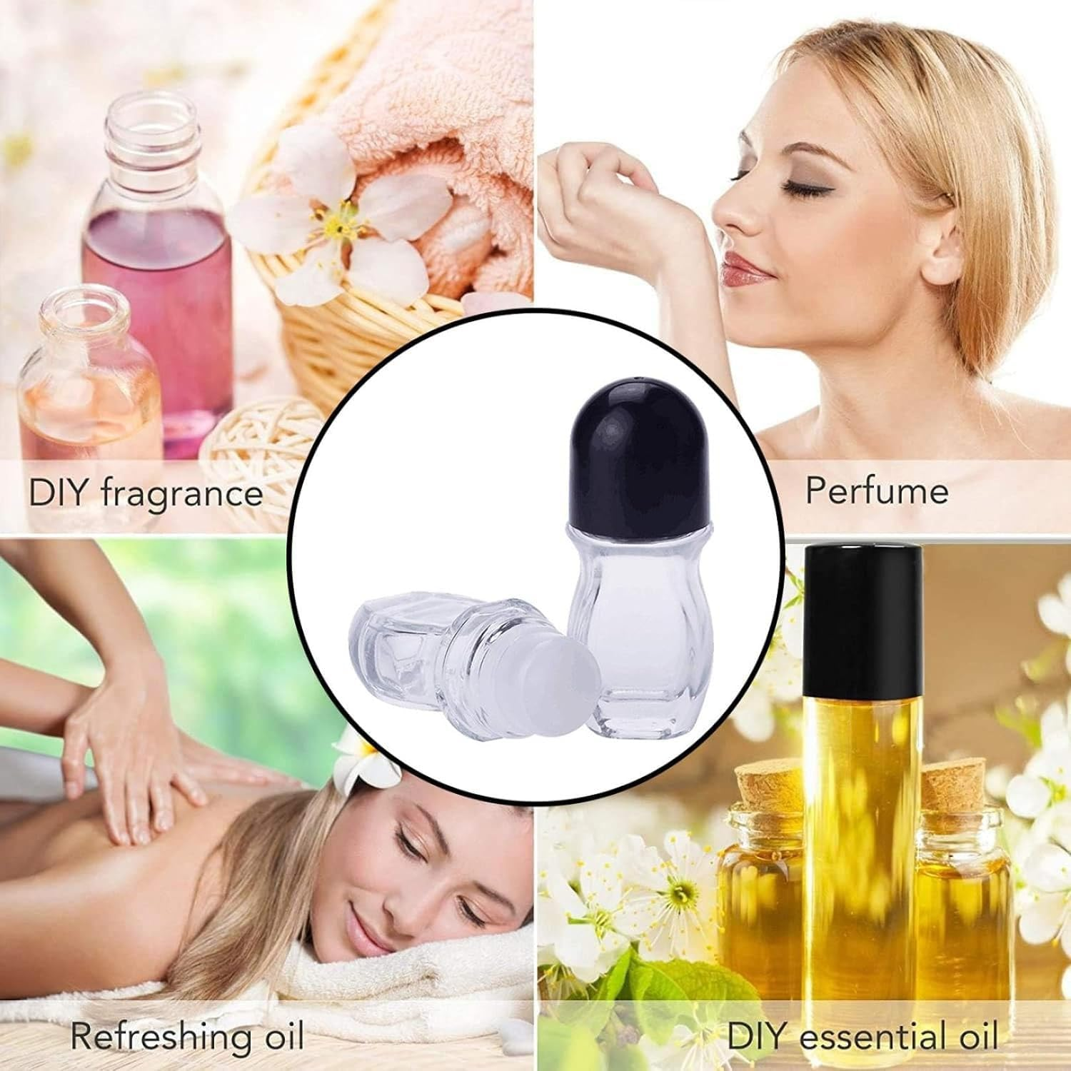 Taicols Glass Roller Bottles, 5 Pcs Empty Clear Glass Roll-On Bottles with Roller Ball, Deodorant Essential Oils Roller Vial Jars/Bottles, Essential Oil Roller Bottles (Gold(50Ml)) - Black(30Ml) image number 2