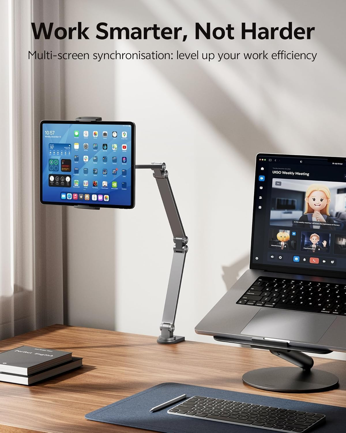 Tablet Stand Holder, Foldable Ipad Phone Tablet Stand for Desk and Bed, Aluminum Alloy Arm Mount 360&deg; Adjustable Phone Holder Compatible, Phones or Other 4.7-16" Device (Black) image number 3